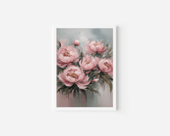 A romantic botanical painting artwork with pink flowers on a light grey background with a white frame.