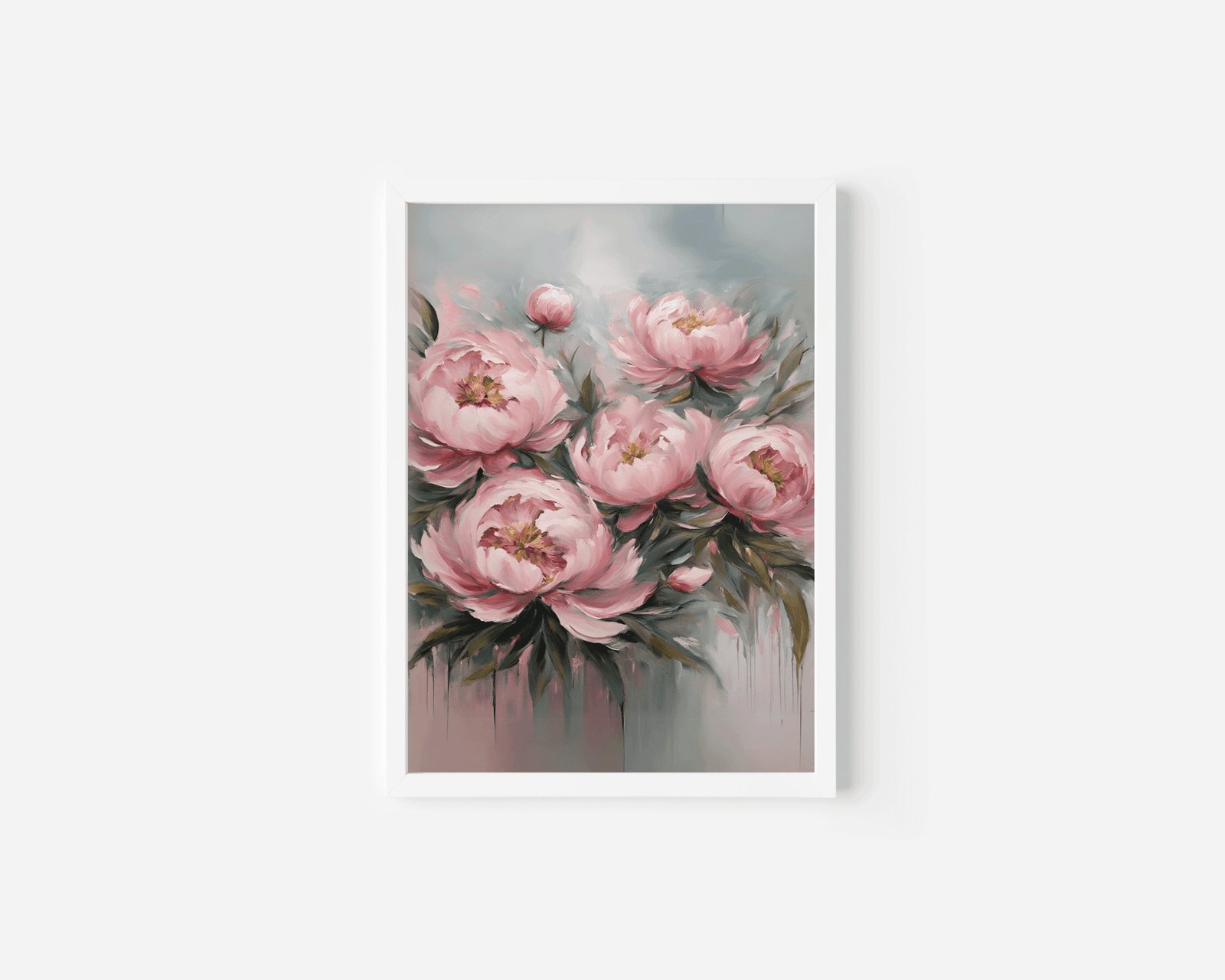 A romantic botanical painting artwork with pink flowers on a light grey background with a white frame.