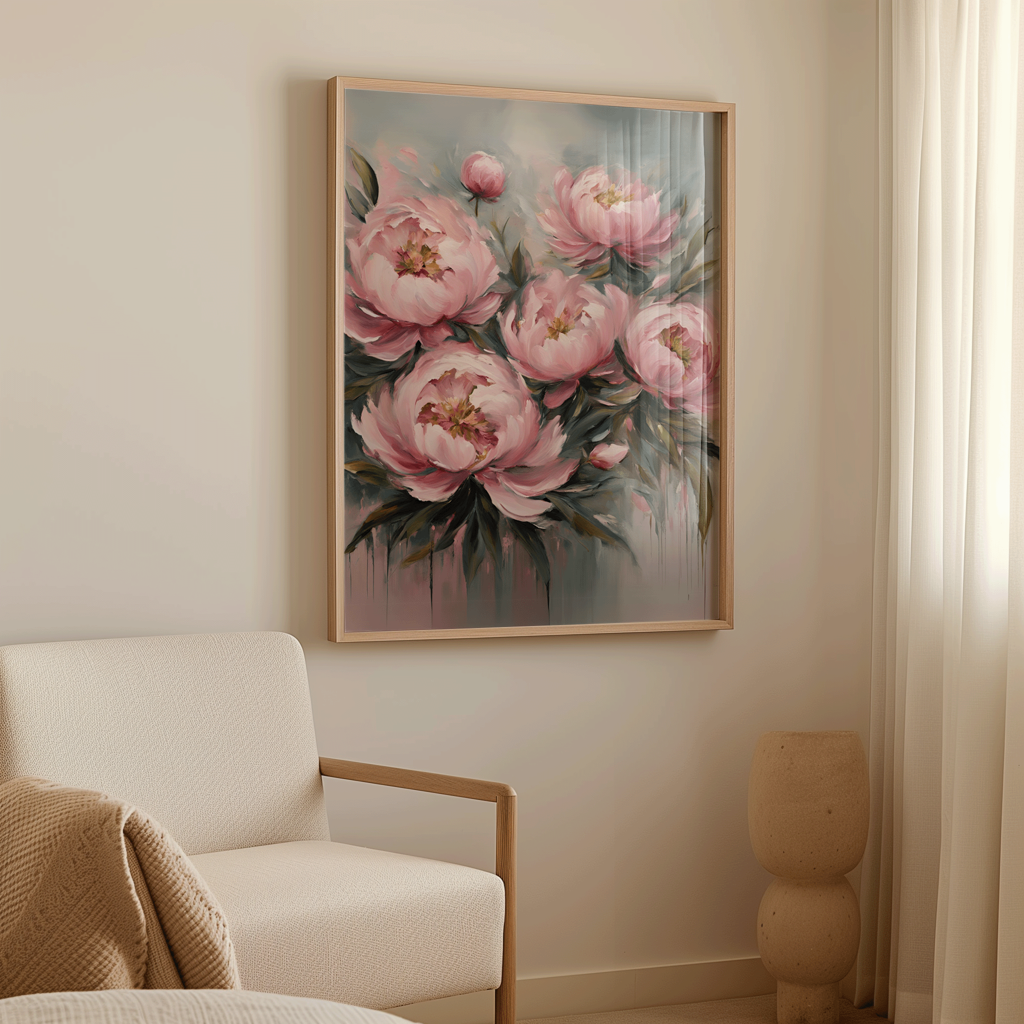 Large pink peony flower painting framed in light wood in a cozy, sunlit living room corner.