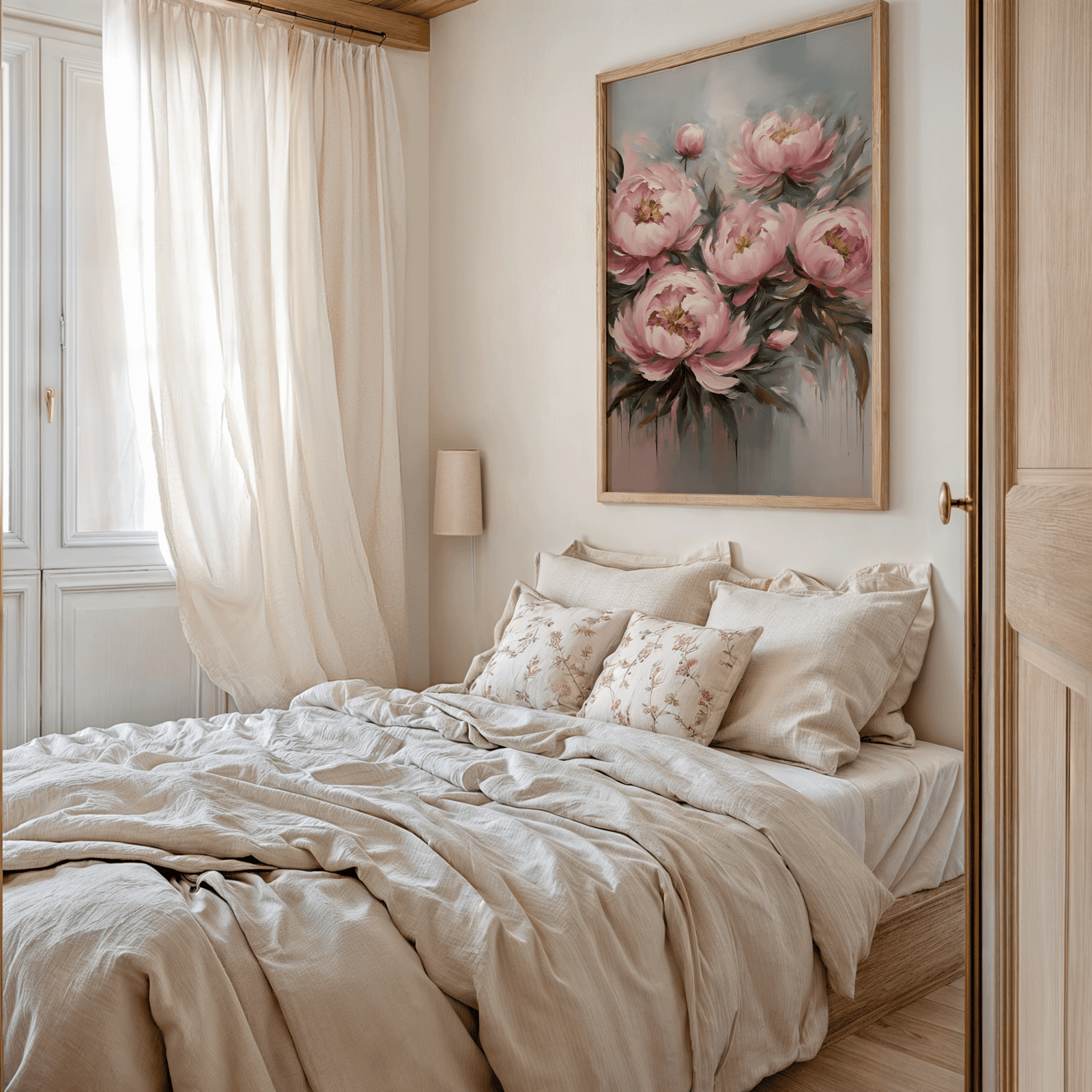 Pink peony floral wall art painting with blush pink, soft green and light blue colors framed above a neutral bed in a soft, romantic bedroom with vintage style.
