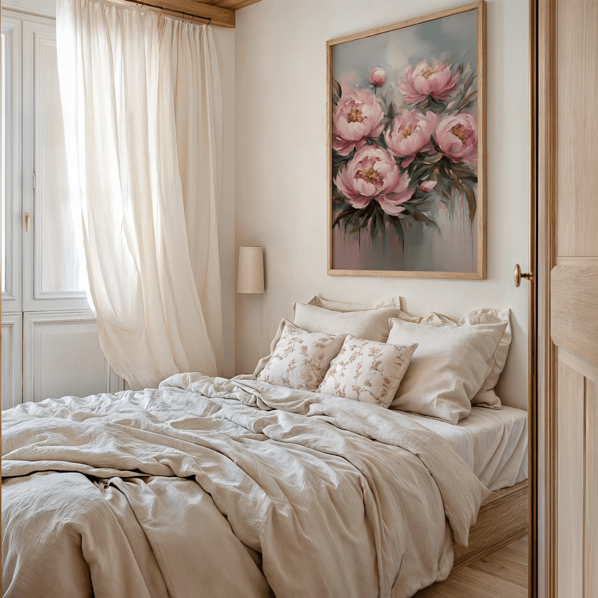 Pink peony floral wall art framed above a neutral bed; soft, romantic bedroom decor idea.