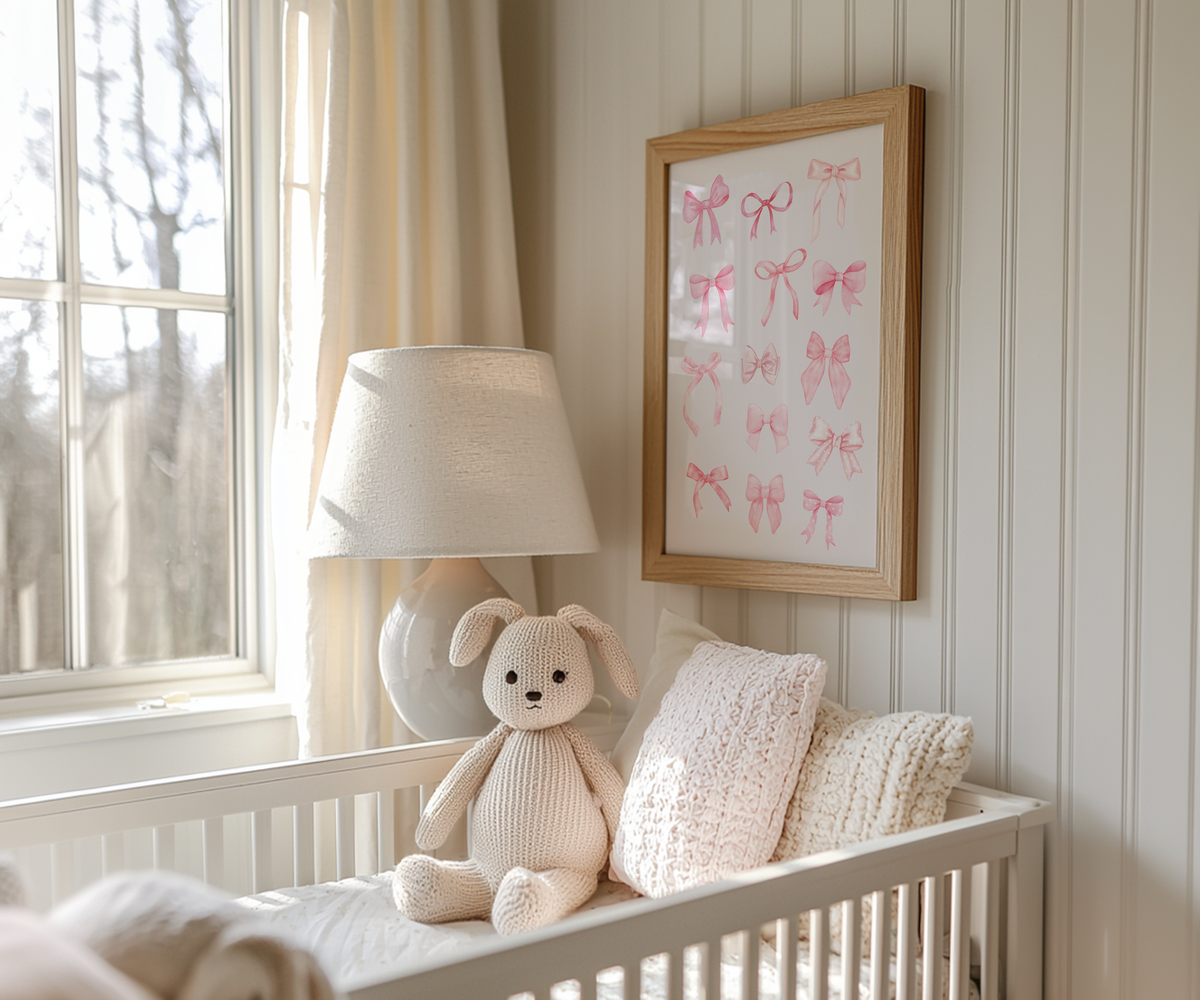 Baby girl nursery room with crib, teddy bear, lamp, and pink coquette collage wall art framed.