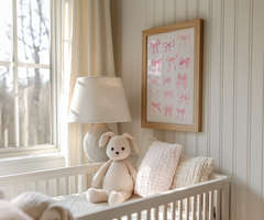 Baby girl nursery room with crib, teddy bear, lamp, and pink coquette collage wall art framed.