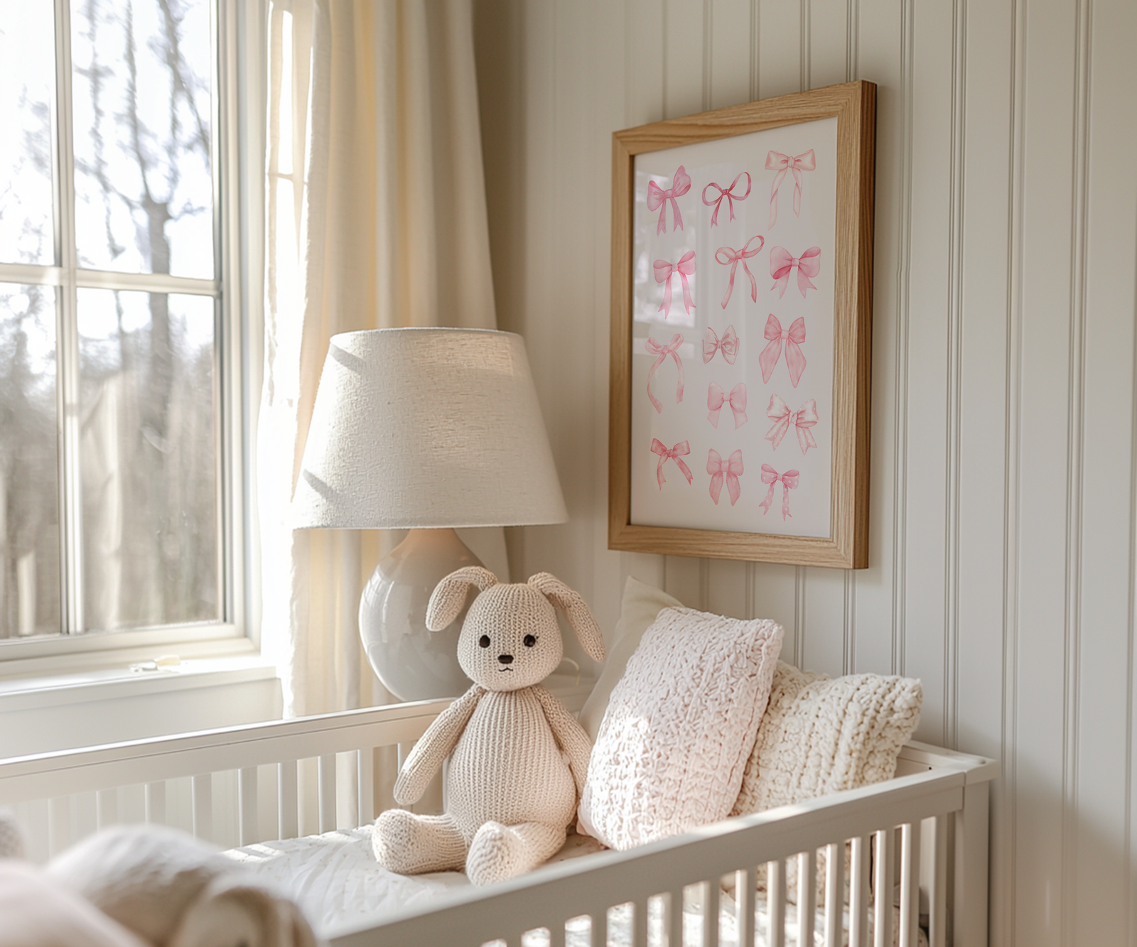 Baby girl nursery room with crib, teddy bear, lamp, and pink coquette collage wall art framed.