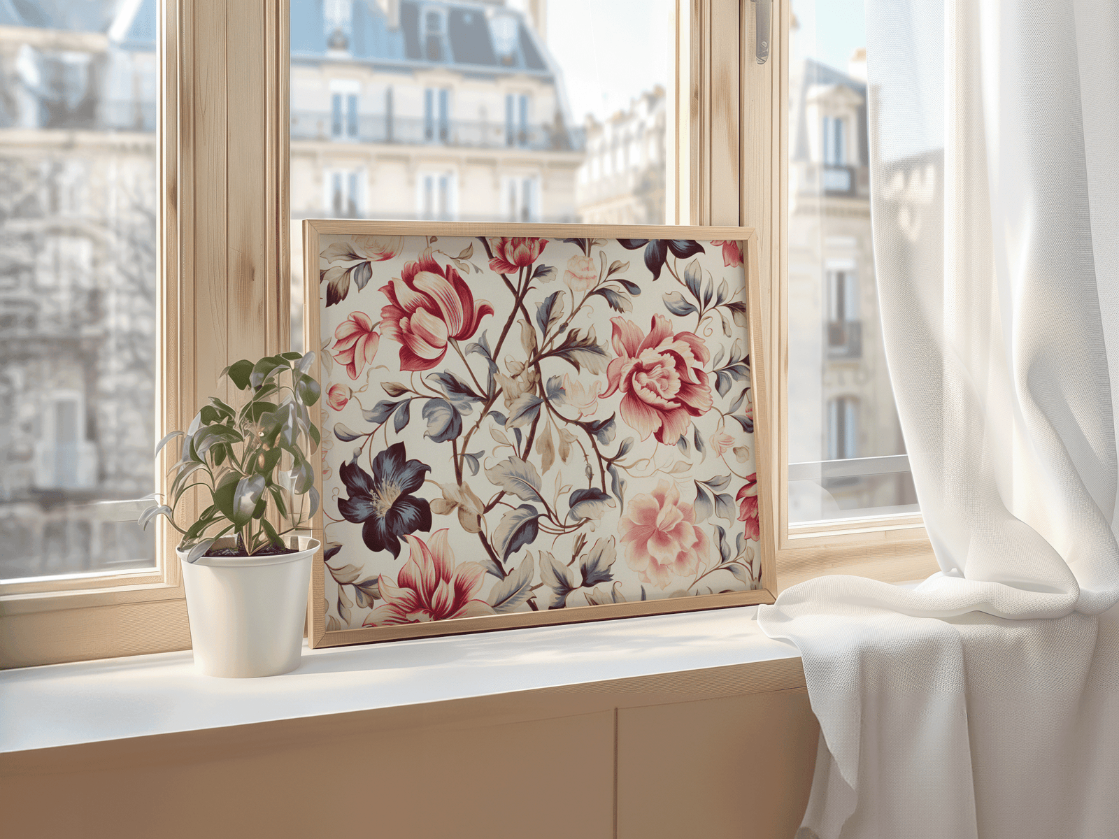 Pink rose floral print in a natural frame leaning on a windowsill with a plant and a city view