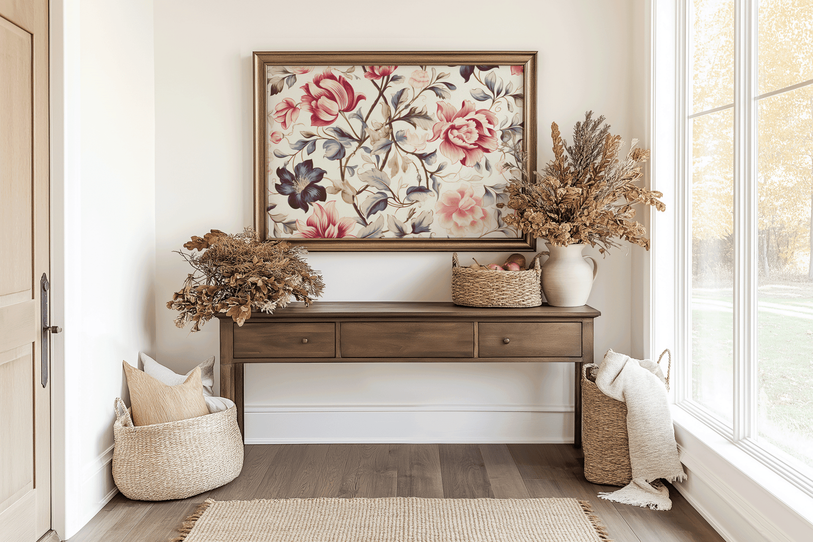 Pink rose floral wall art in a natural frame above a console table with dried flowers by a window