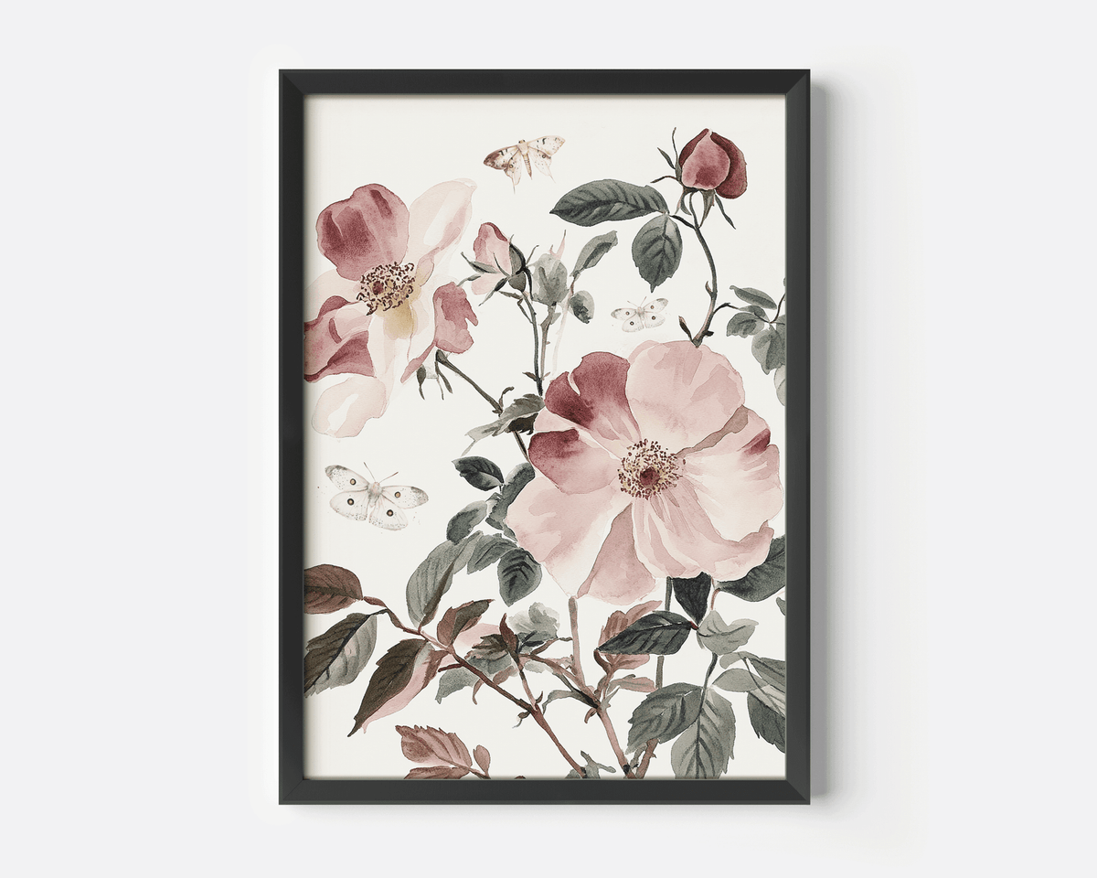 Black-framed pink rose and butterfly nursery print on a white background