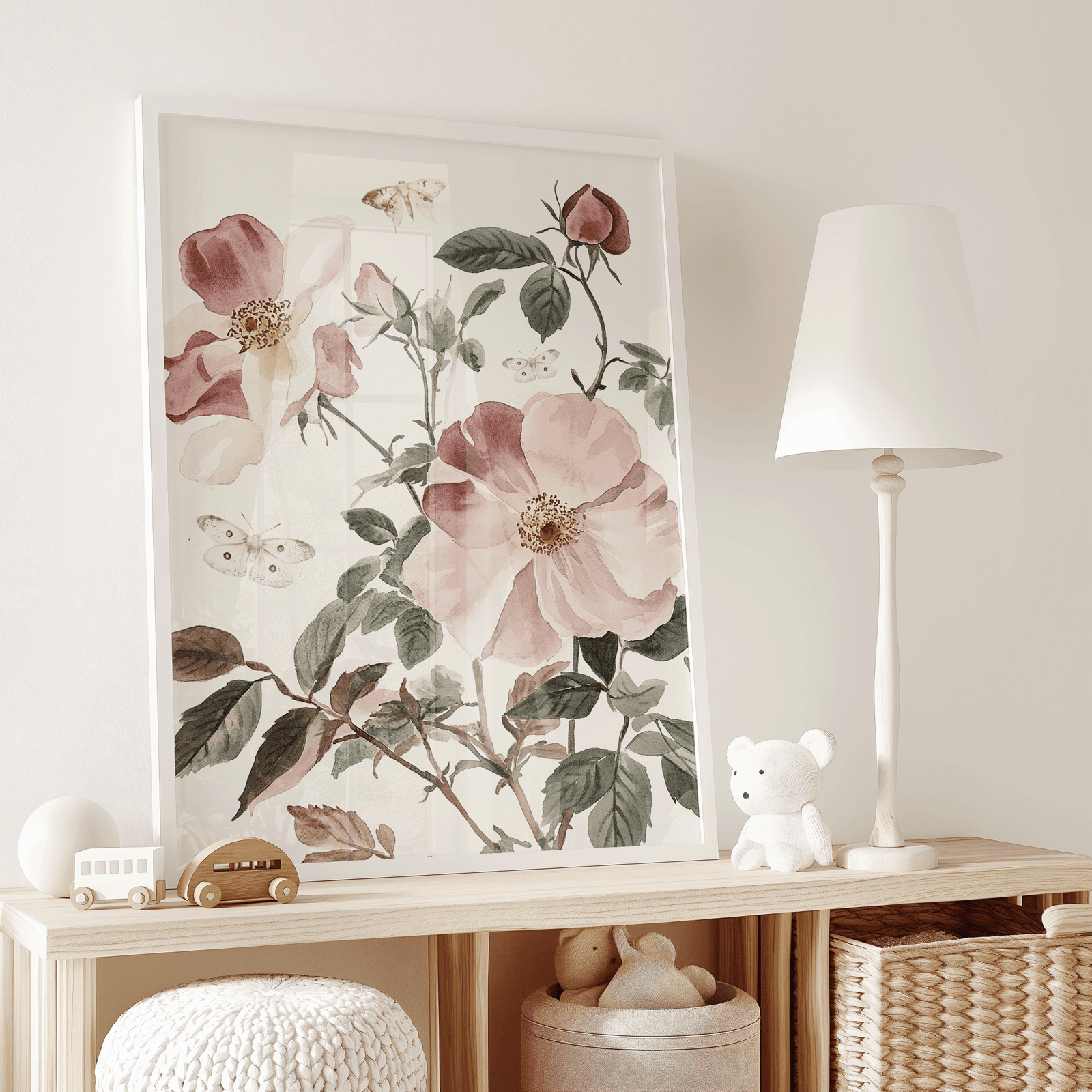 Pink Rose Nursery Wall Art | Floral Print with Butterflies for Baby Girl Room - Buy Wall Art