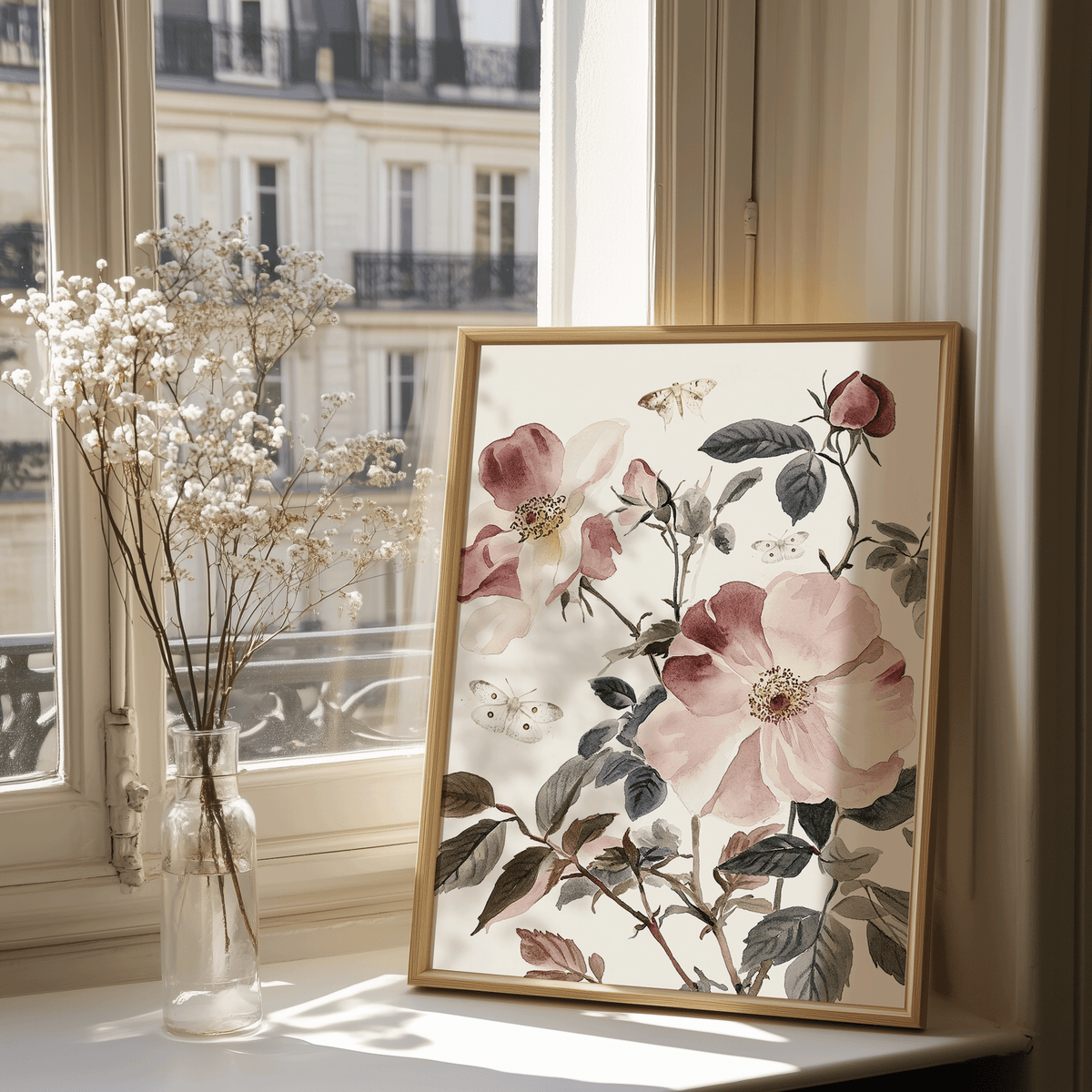 Wood-framed pink rose print leaning by a window with fresh flowers