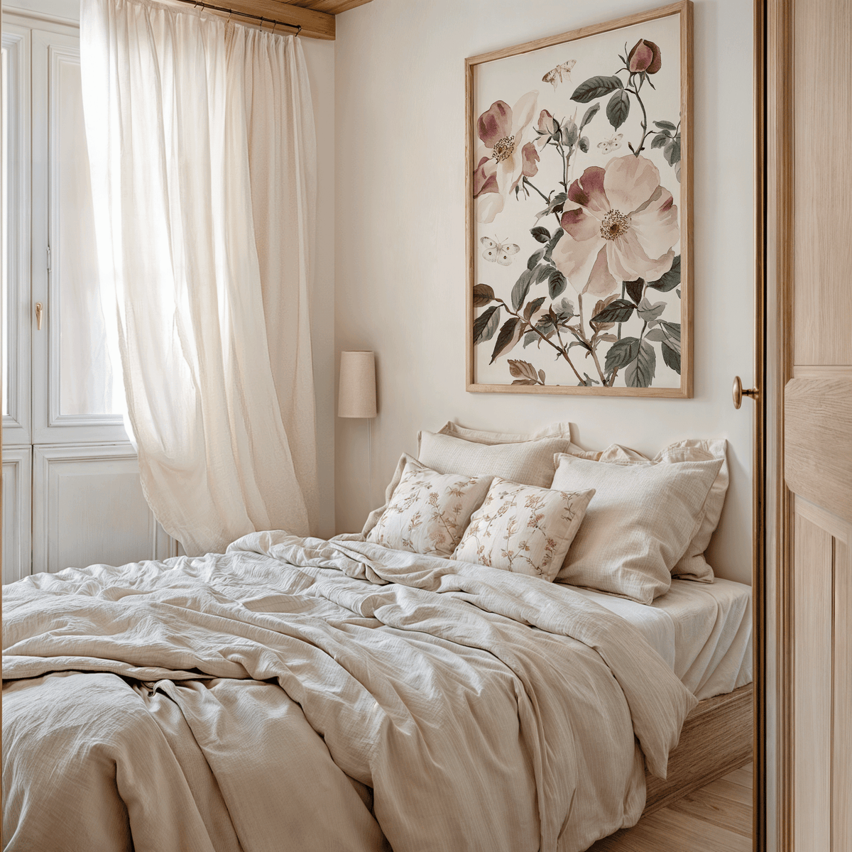 Pink rose and butterfly print above a bed with cream linen bedding