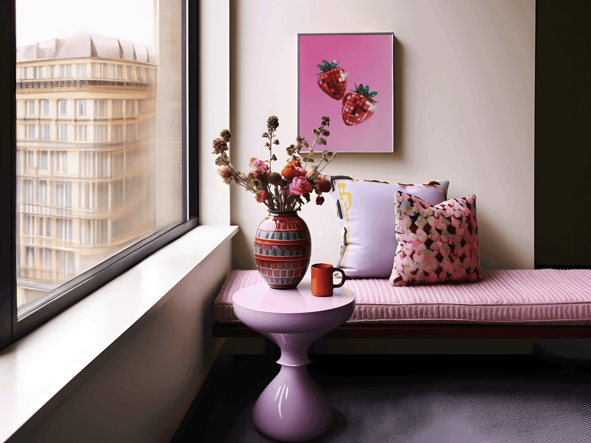 Pink strawberry wall art above a pink upholstered bench with patterned pillows beside a city window
