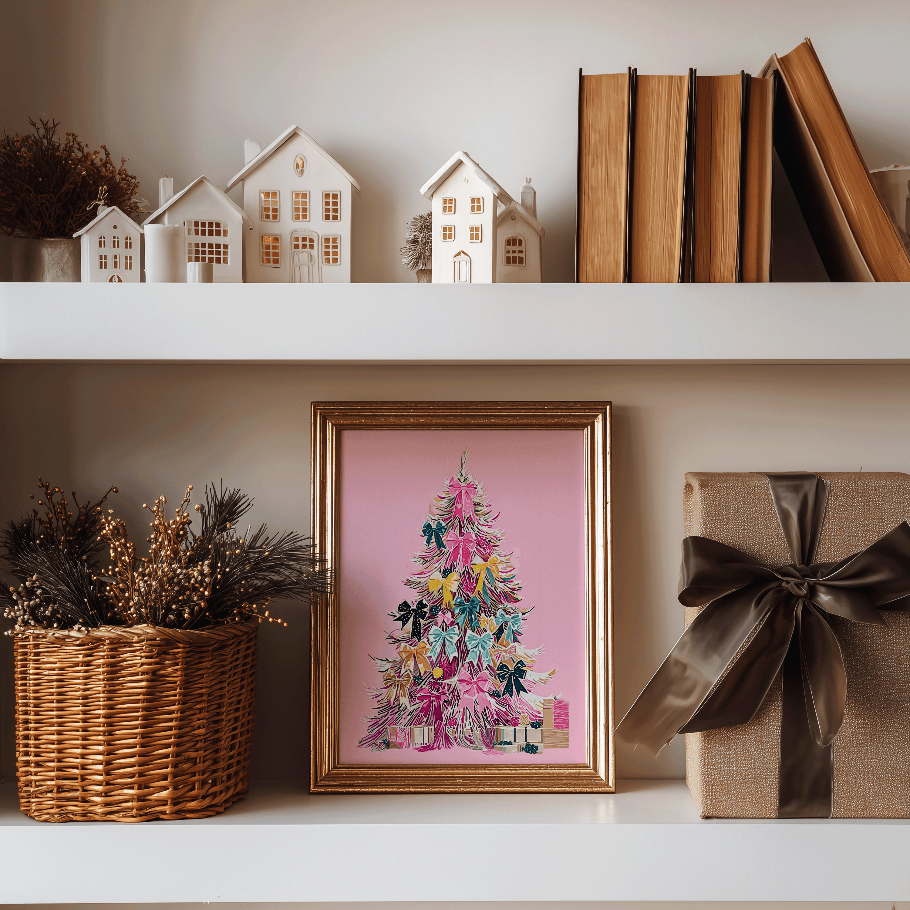 Gold framed pink Christmas tree canvas wall art displayed on shelf with festive decor, elegant colorful holiday print