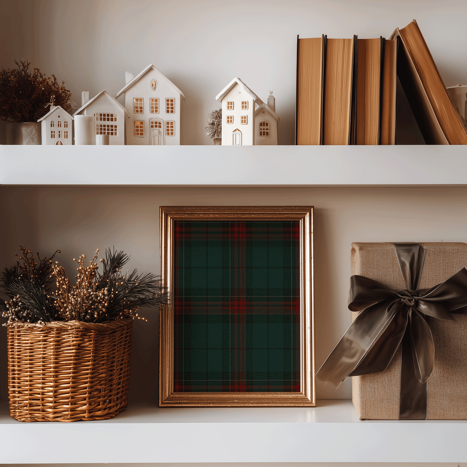 Plaid Christmas wall art in a gold frame on a shelf styled with books and holiday greenery