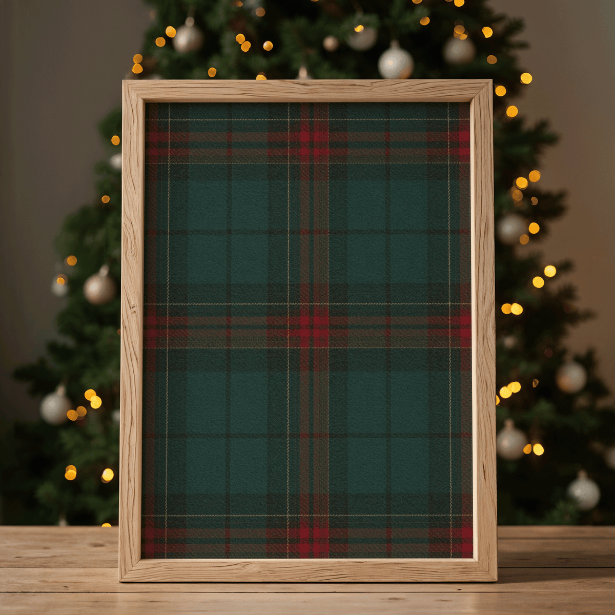 Classic tartan plaid Christmas wall art in a natural wood frame in front of glowing tree lights