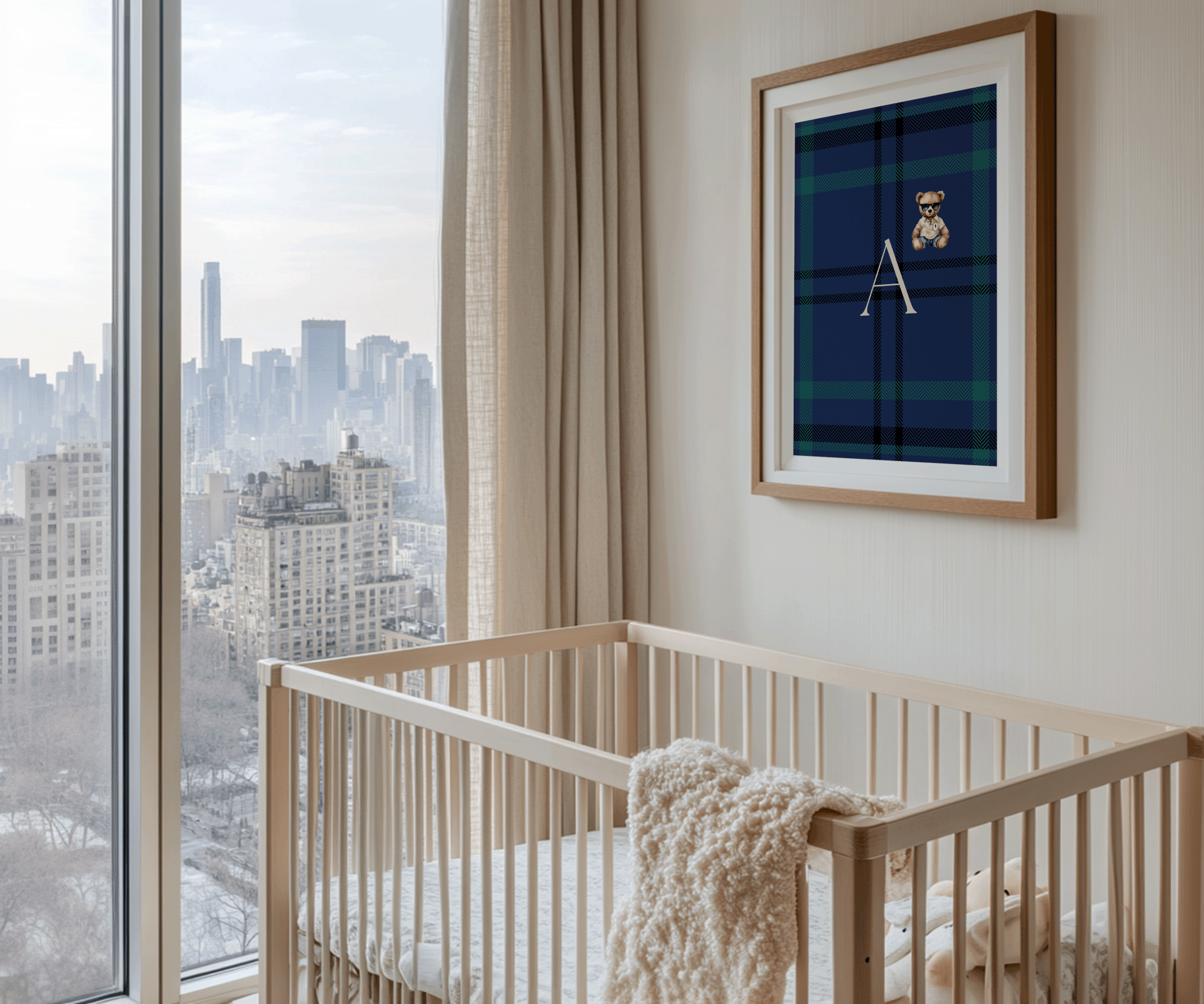 Framed personalized plaid monogram nursery print with teddy bear and letter A hanging above crib in modern luxury boy nursery, New York skyline window view, preppy Ralph Lauren tartan baby decor inspiration