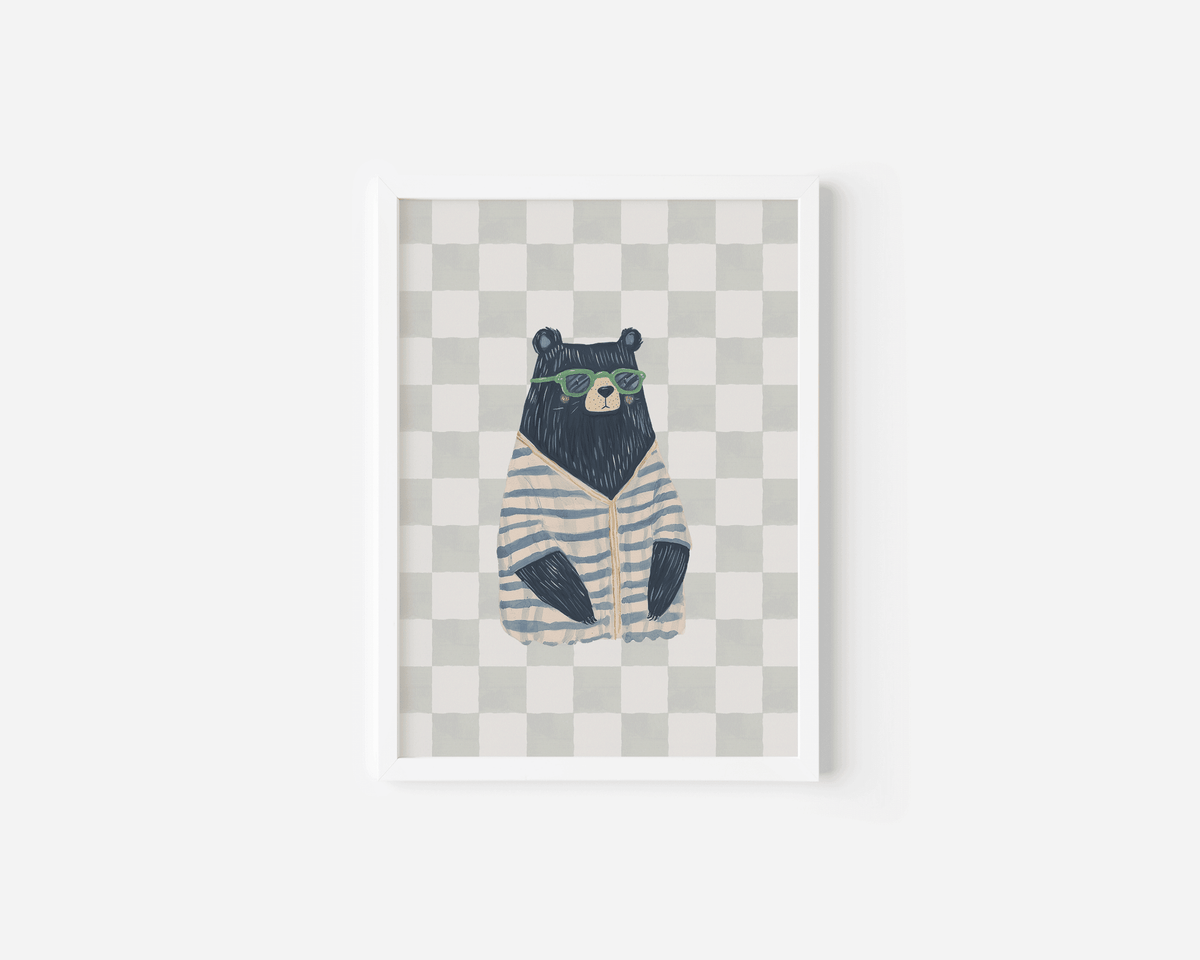 Preppy bear nursery print in a white frame in navy blue, grey and beige tones