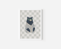 Preppy bear nursery print in a white frame in navy blue, grey and beige tones