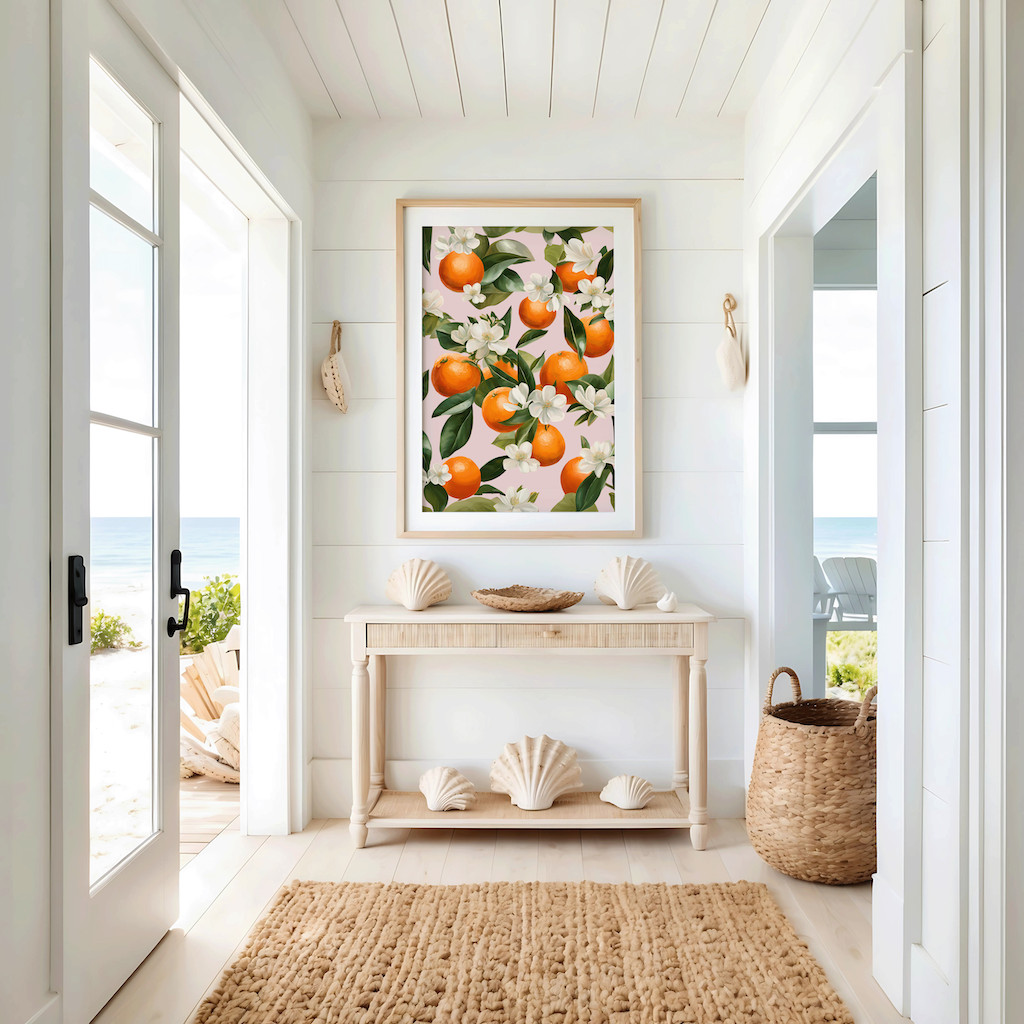 Oranges Wall Art Print | Canvas Art, Art Prints & Framed Canvas, watercolor orange fruit market mediterranean greece italy citrus canvas wall art poster print, oranges white flowers botanical green leaves collage with blush pink background, kitchen dining room restaurant dorm bar cart wall art