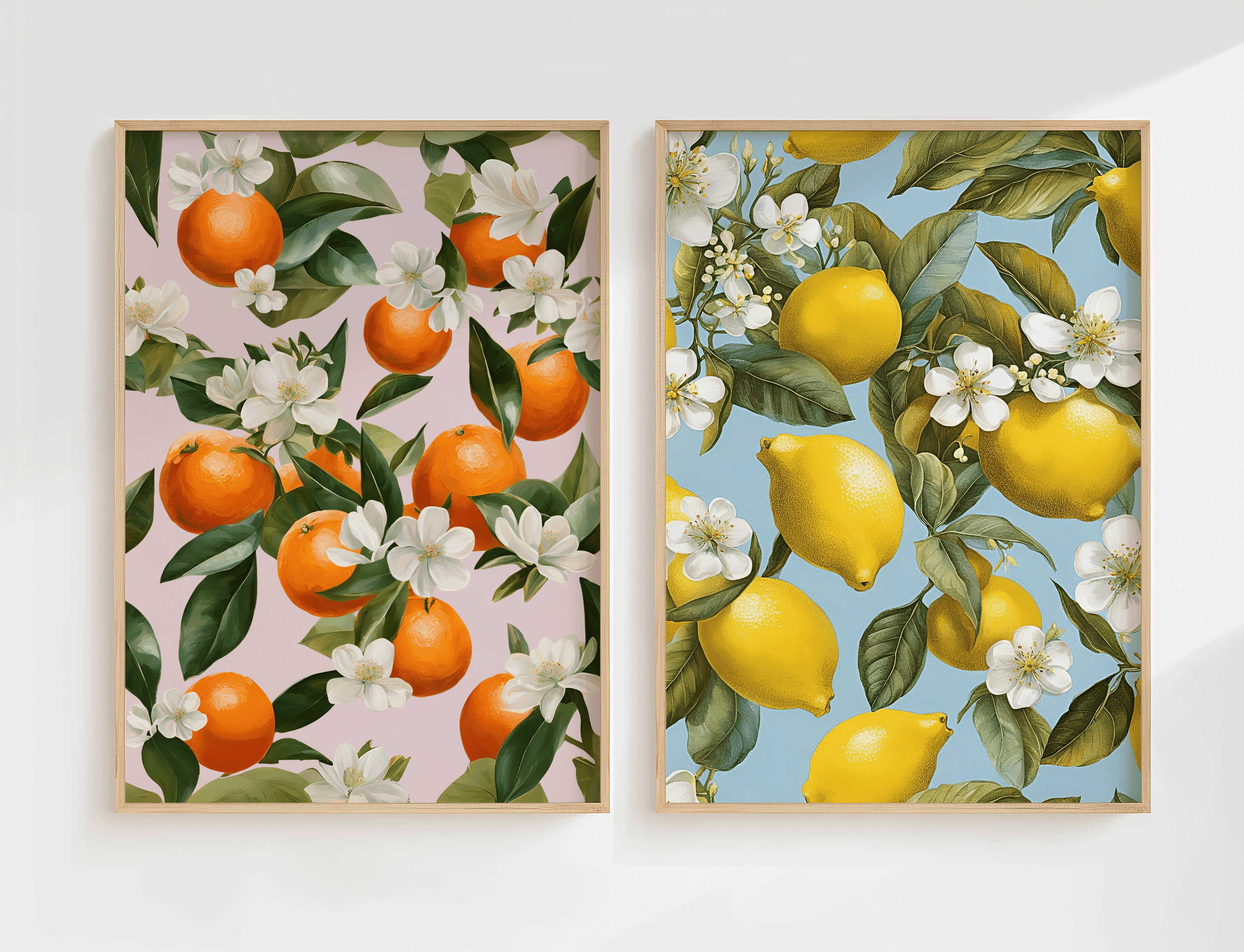 Oranges Wall Art Print | Canvas Art, Art Prints & Framed Canvas, watercolor orange fruit market mediterranean greece italy citrus canvas wall art poster print, oranges white flowers botanical green leaves collage with blush pink background, kitchen dining room restaurant dorm bar cart wall art, set of 2 set of 3