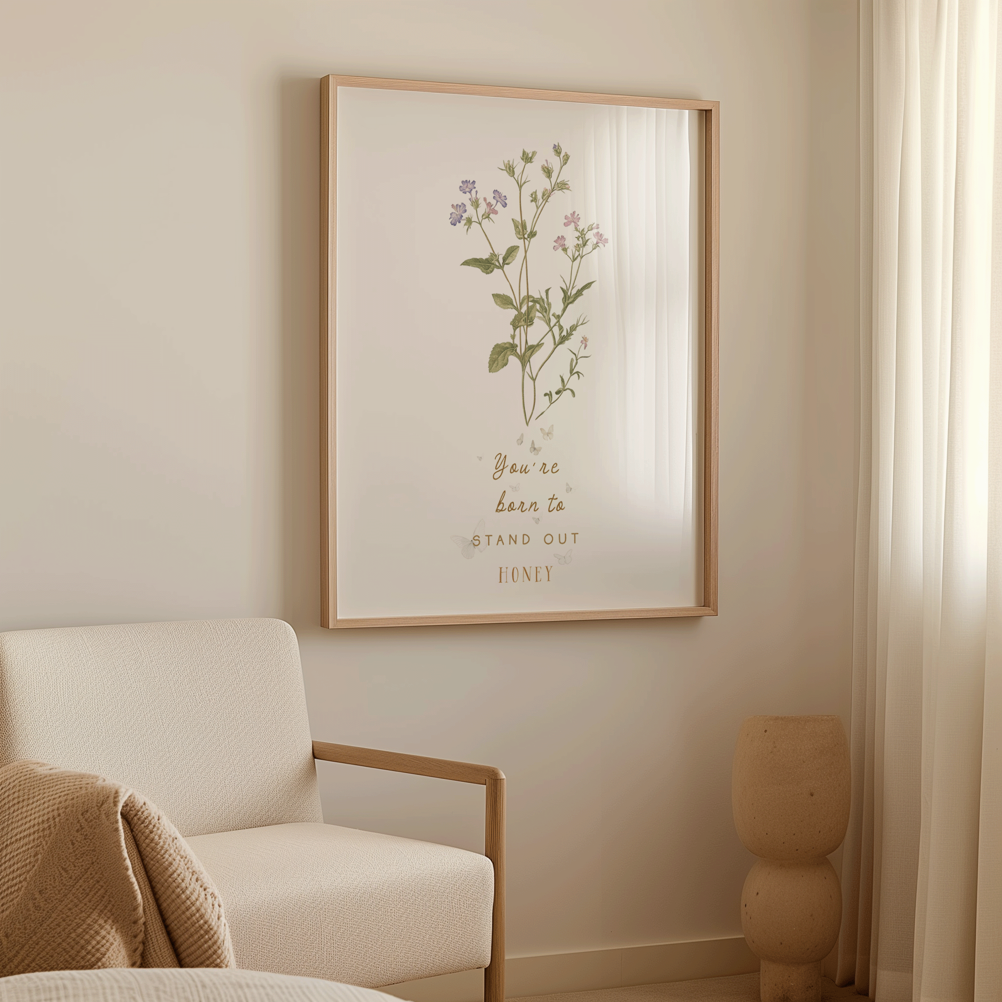 Wildflower Vintage Nursery Art | Canvas Art, Art Prints & Framed Canvas, boho vintage wildflowers flower botanical butterflies poster print, you are born to stand out honey typography inspirational quote, girl newborn toddler nursery bedroom playroom canvas wall art framed