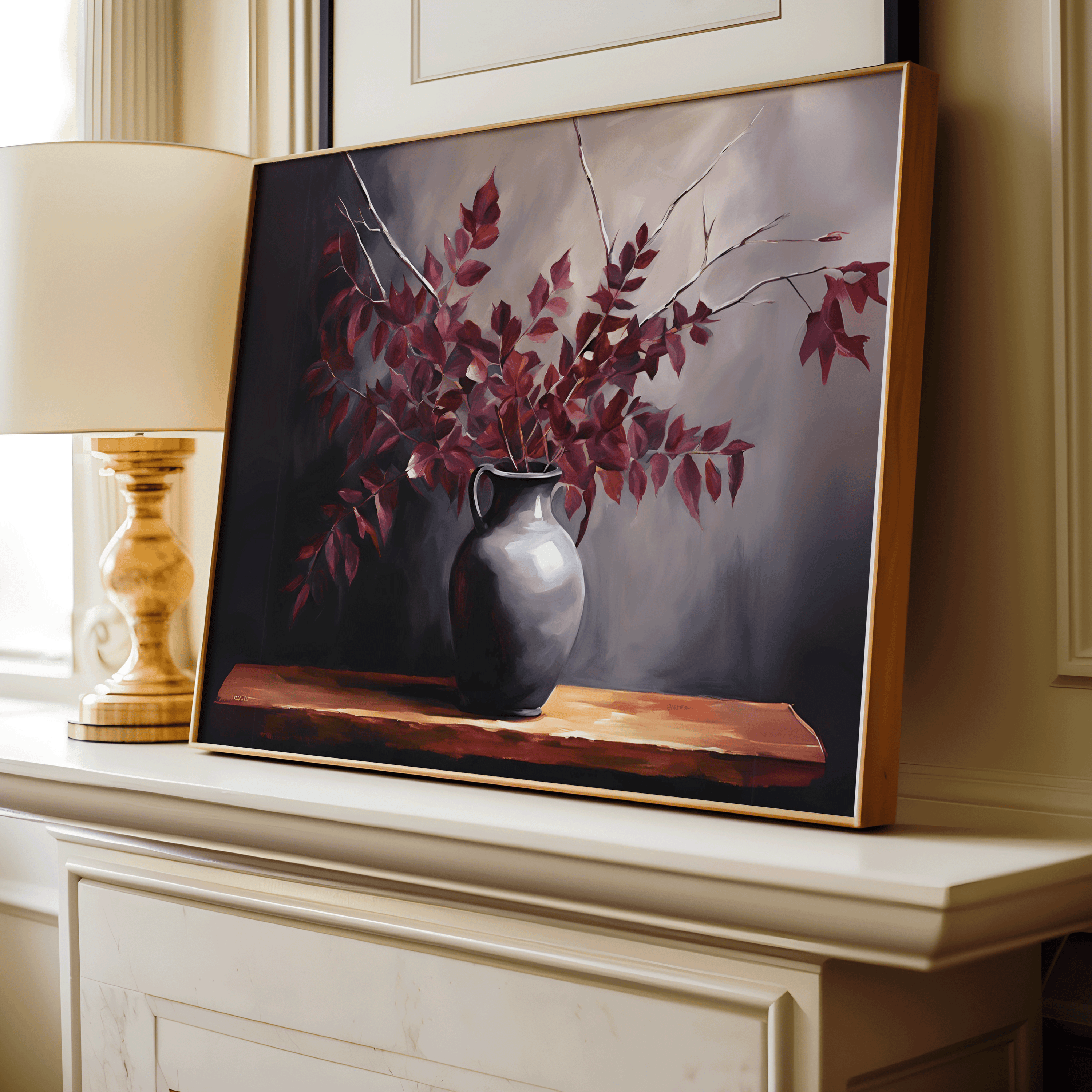 Moody Flower Wall Art | Canvas Art, Art Prints & Framed Canvas, botanical still life flower vase grunge oil painting cottage core country farmhouse wall art, burgundy fall leaves branches stems black purple grey beige brown, dining room kitchen living room vintage wall decor