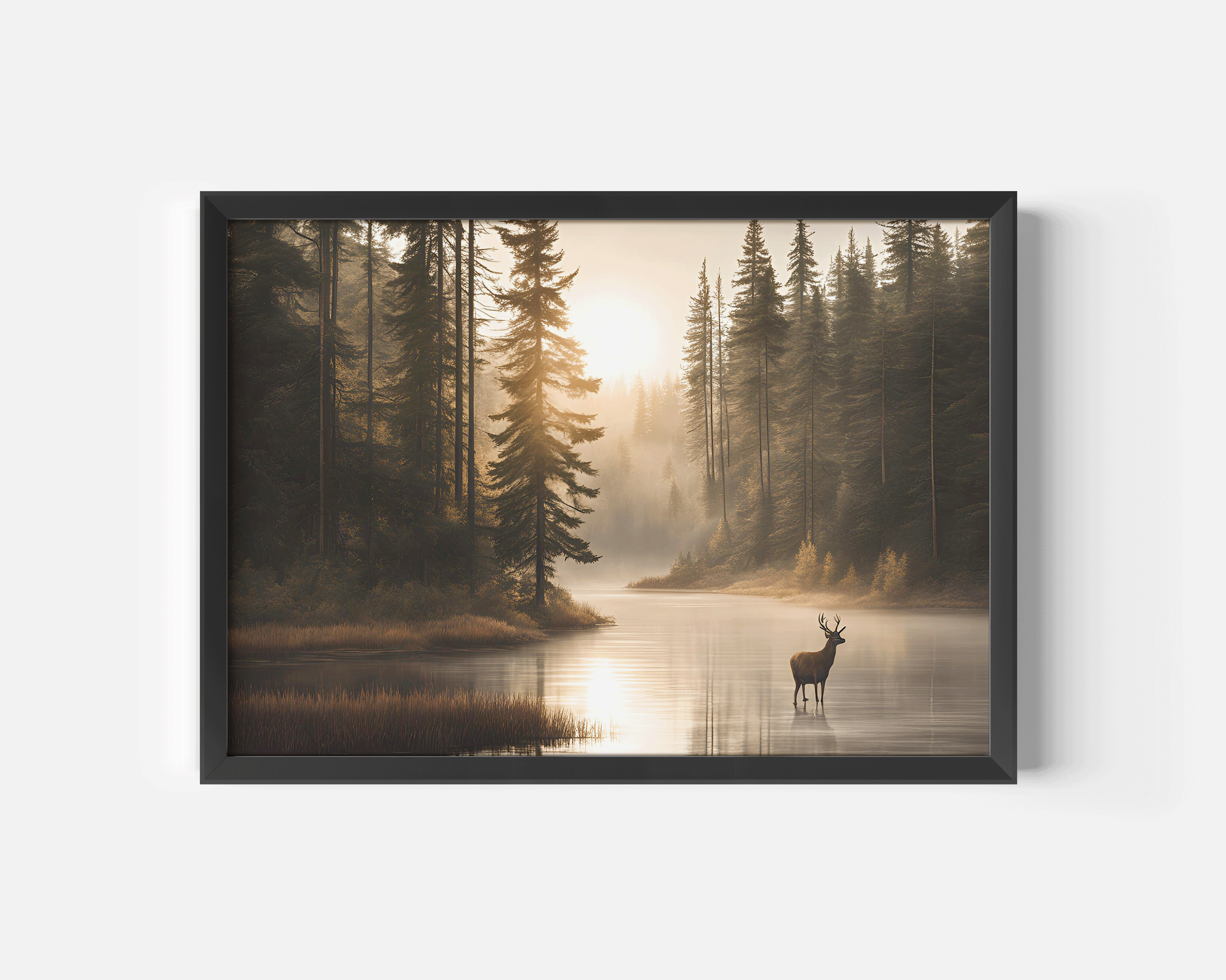 Canvas Wall Art Forest | Canvas Art, Art Prints & Framed Canvas, Forest Mountains Deer Digital Print, Misty Foggy Mountains Photography, Green Forest Landscape Print,Large Nature Picture,Printable Wall Art, living room dining room hallway bedroom, rustic nature landscape photography, wildlife deer lake forest trees mountains, country farmhouse cottage core wall art print,canvas wall art digital art, calm serene nature art, interior design trend, birthday gift idea, fall autumn sunshine sunlight