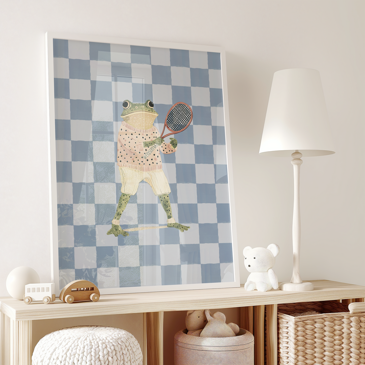 Frog nursery Wall Art | Canvas Art, Art Prints & Framed Canvas, vintage retro boho blue checkered background preppy frog holding tennis racquet, zoo animal jungle nursery kids room playroom canvas wall art, set of 2, set of 3 nursery prints