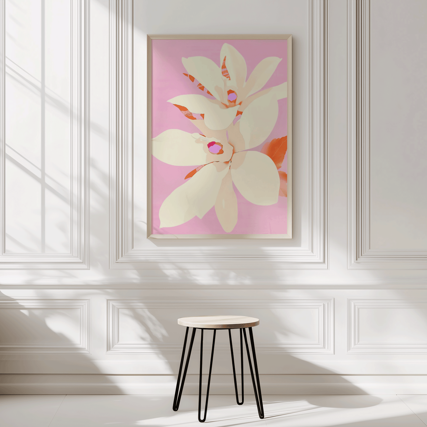 Pink and Orange Botanical Artwork | Canvas Art, Art Prints & Framed Canvas, retro vintage illustration, watercolor floral flowers beige white pink orange living room bedroom modern minimal canvas wall decor poster print