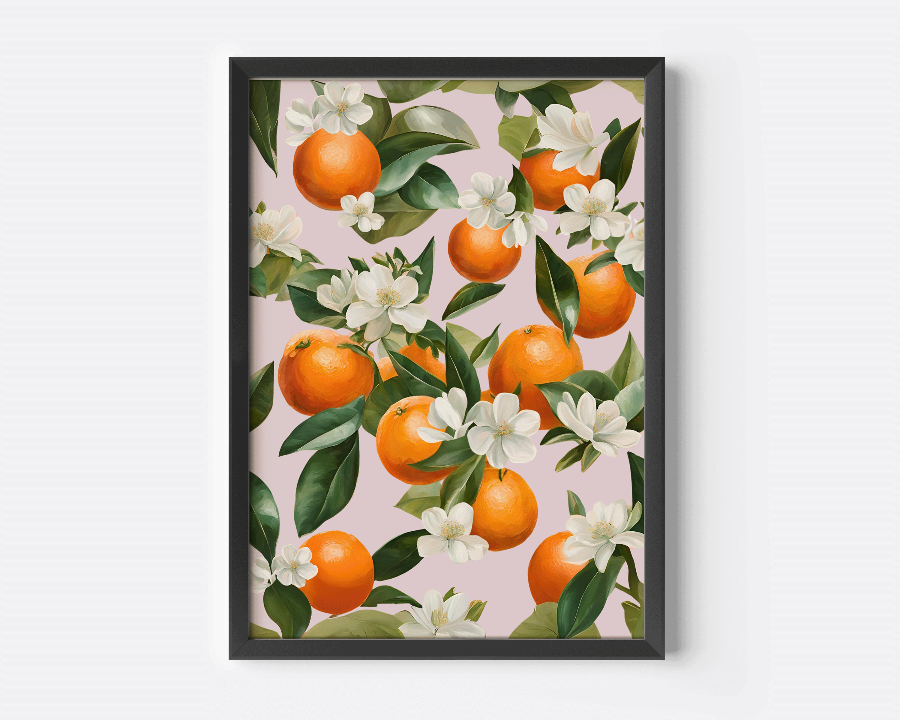 Oranges Wall Art Print | Canvas Art, Art Prints & Framed Canvas, watercolor orange fruit market mediterranean greece italy citrus canvas wall art poster print, oranges white flowers botanical green leaves collage with blush pink background, kitchen dining room restaurant dorm bar cart wall art