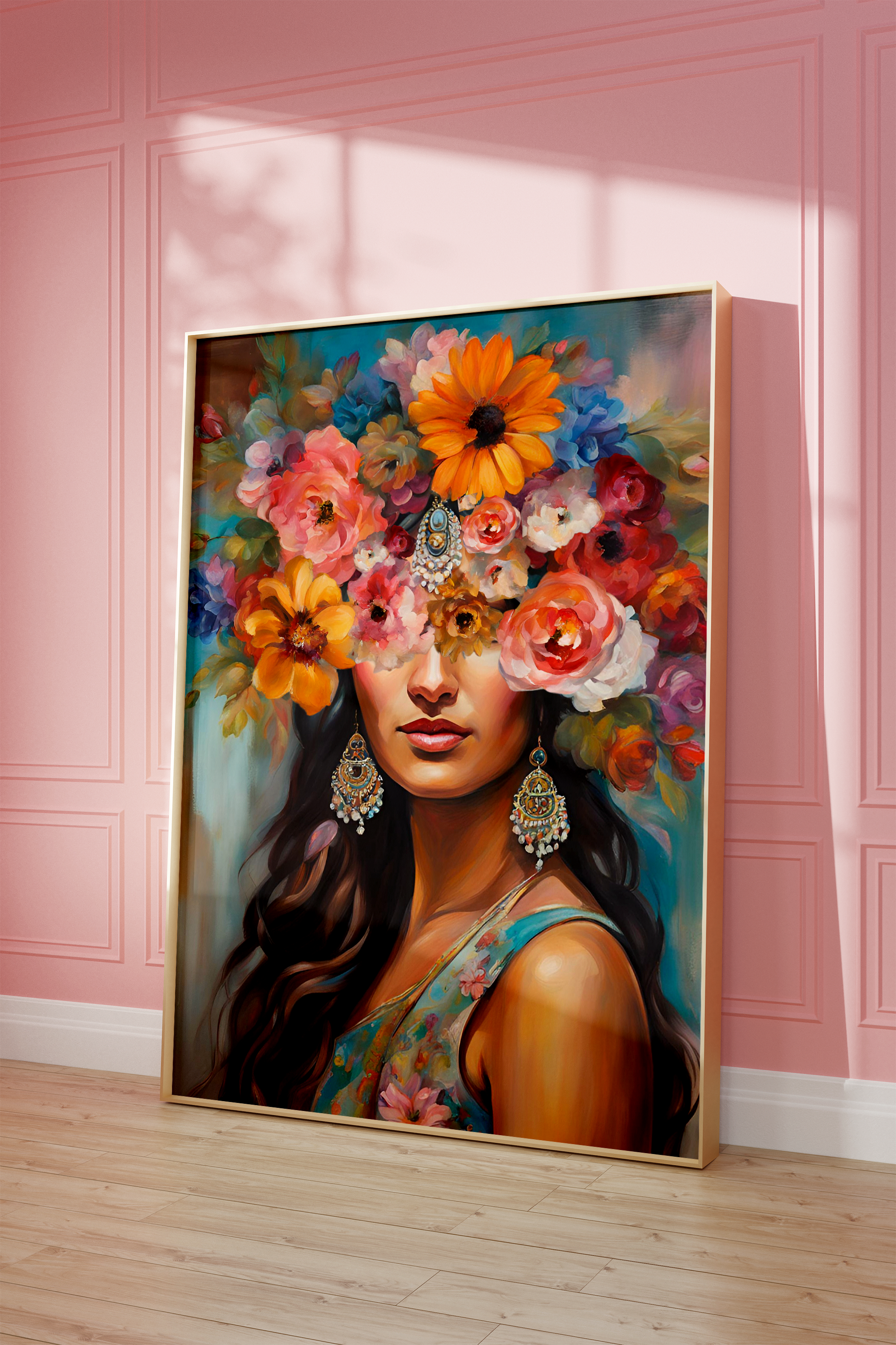 Girl With Flower Head | Canvas Art, Art Prints & Framed Canvas, indian woman, traditional indian lady with flowers on head, oil painting wall art