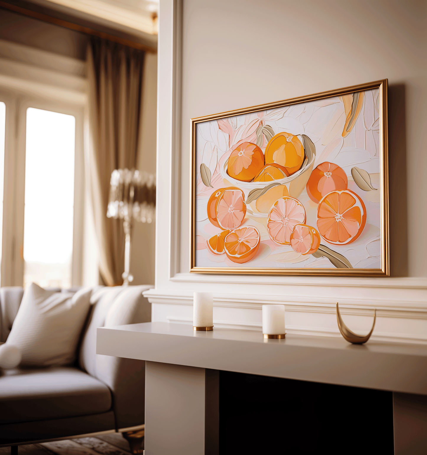 Citrus Fruit Wall Art | Canvas Art, Art Prints & Framed Canvas, orange, bloody orange, lemon, pink, peach, white, green oil painting canvas wall art, kitchen, bar cart, dining room, still life, restaurant, meditteranean fruit wall art