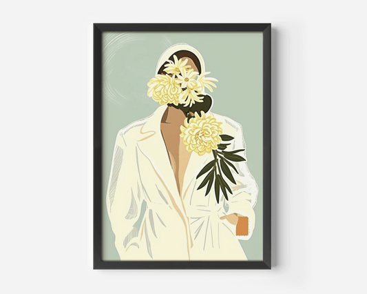 Painting Woman on Canvas | Canvas Art, Art Prints & Framed Canvas, vintage retro trendy women girl green yellow flower botanical floral green leaves. blazer showing some skin and a mint green background, canvas wall art for feminine bedroom, bathroom living room