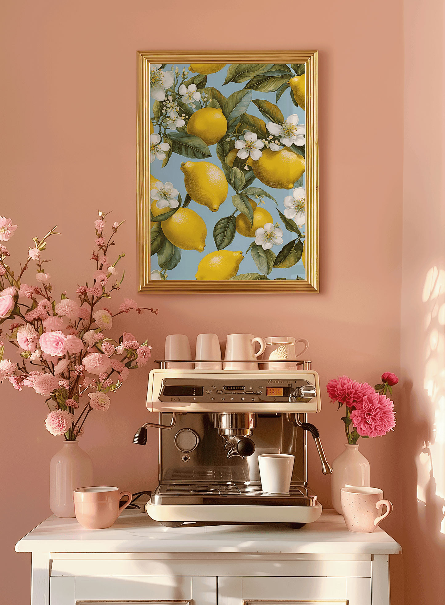 Mediterranean Lemon Wall Art | Canvas Art, Art Prints & Framed Canvas, citrus lemon yellow white flowers botanical green leaves baby blue background, greece italy santorini amalfi coast canvas wall art, restaurant kitchen bar cart prints 