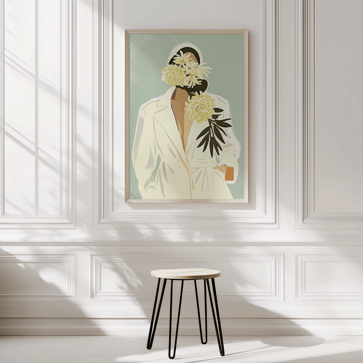 Painting Woman on Canvas | Canvas Art, Art Prints & Framed Canvas, vintage retro trendy women girl green yellow flower botanical floral green leaves. blazer showing some skin and a mint green background, canvas wall art for feminine bedroom, bathroom living room