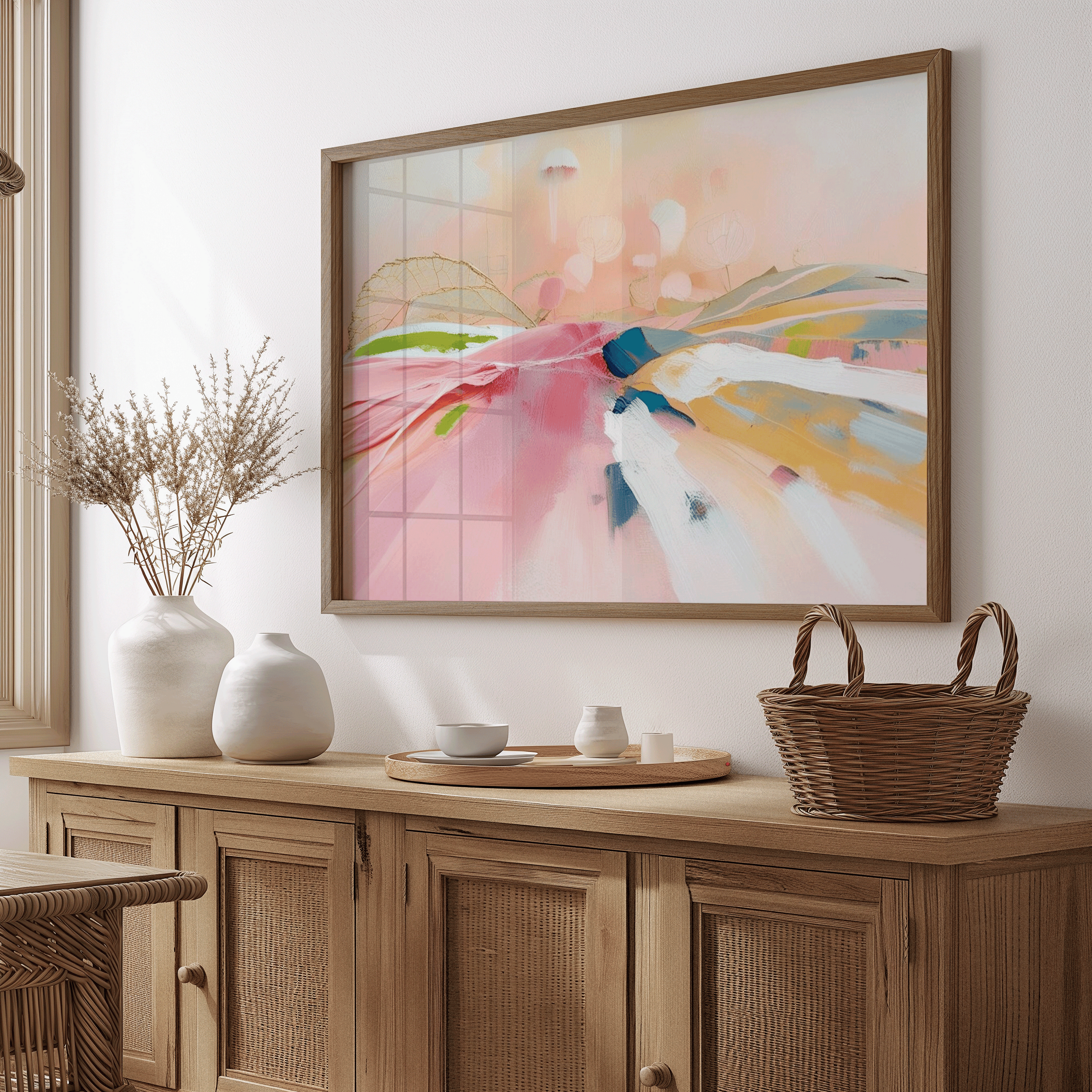 oversized abstract canvas wall art, pink colourful colorful modern contemporary abstract artwork, living room dining room hallway entryway bedroom framed canvas wall art