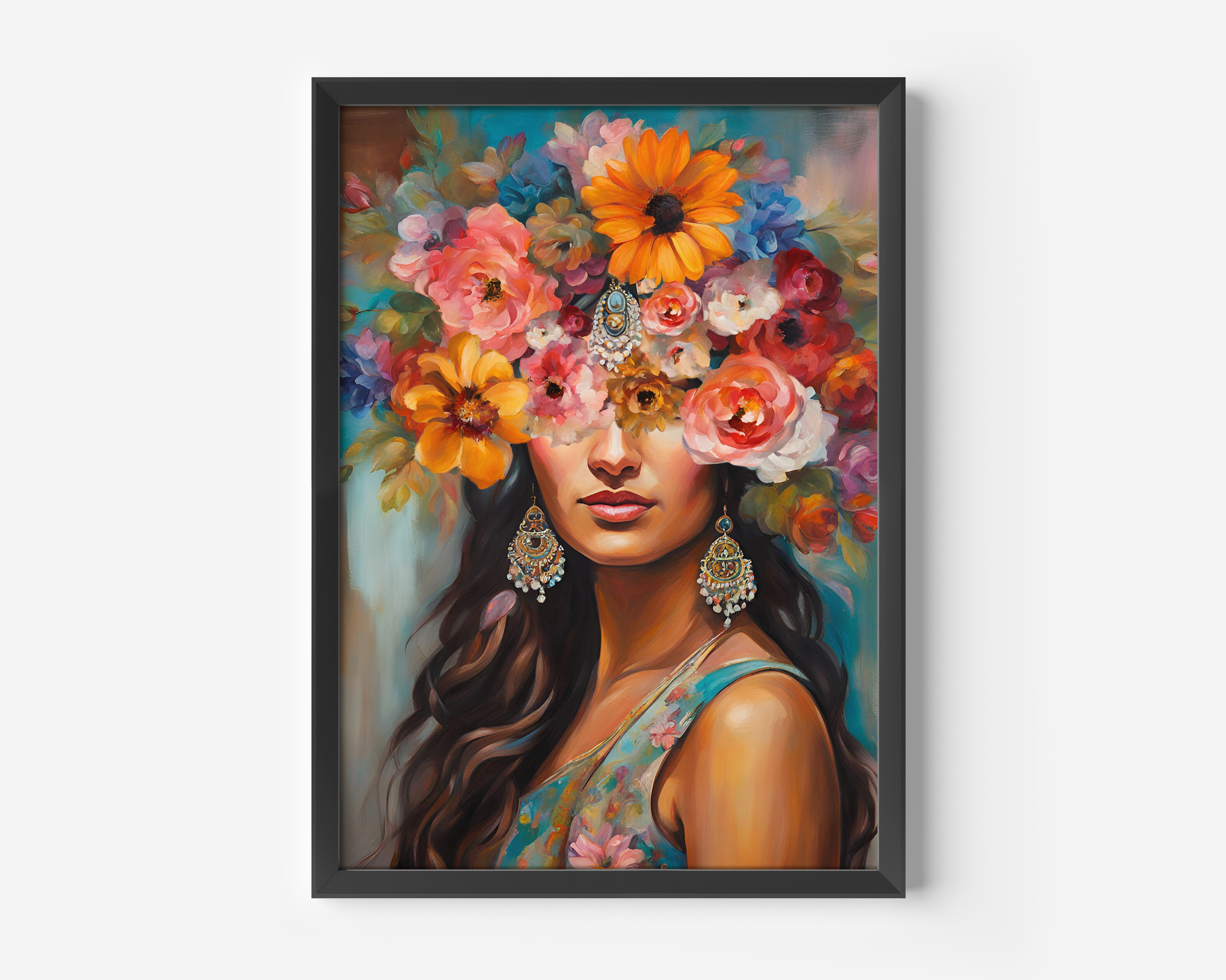 Girl With Flower Head | Canvas Art, Art Prints & Framed Canvas, indian woman, traditional indian lady with flowers on head, oil painting wall art