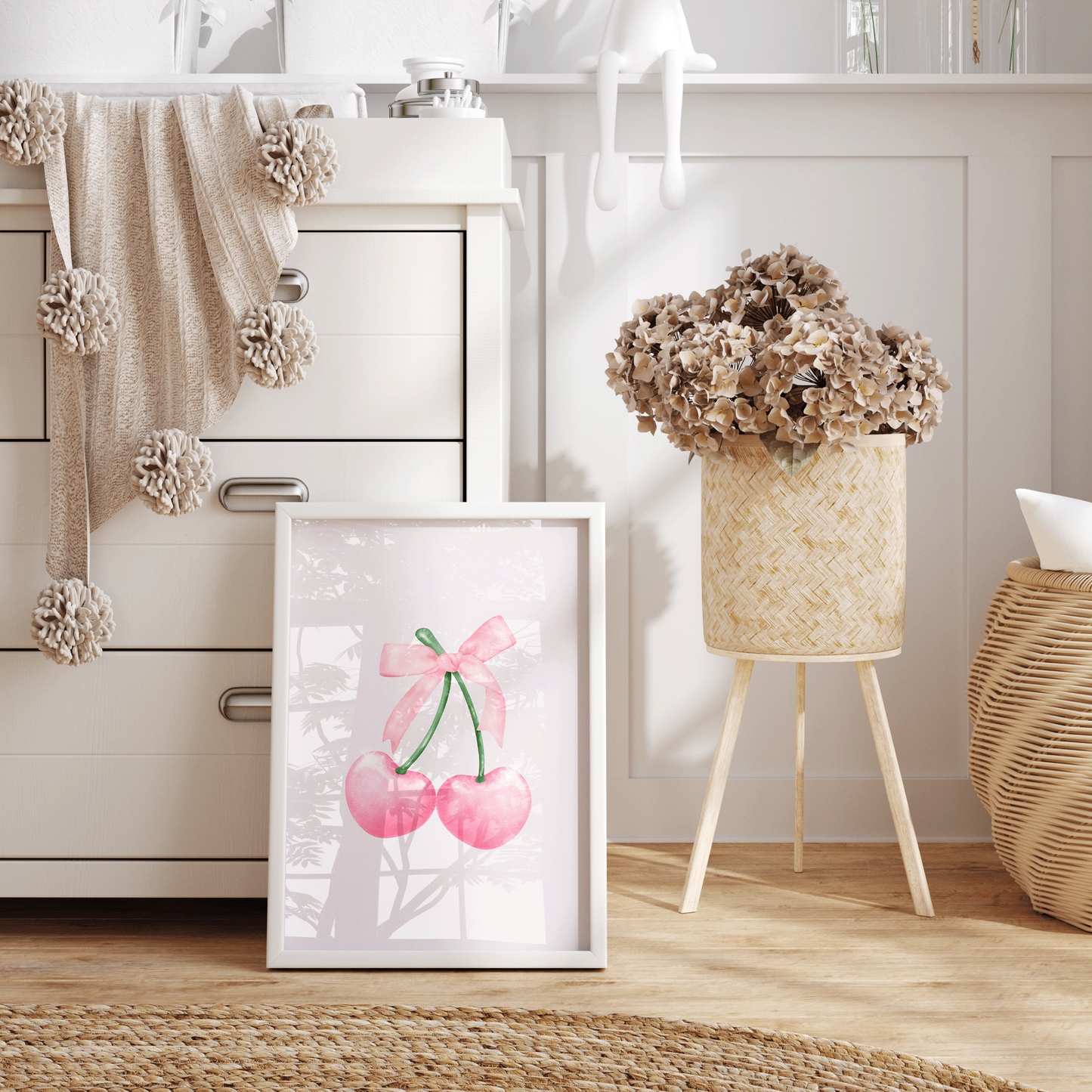 Cherry Bow Nursery Wall Art | Canvas Art, Art Prints & Framed Canvas, watercolor pink cherries coquette bow, newborn baby girl nursery bedroom play room dorm canvas wall art prints, set of 2, set of 3