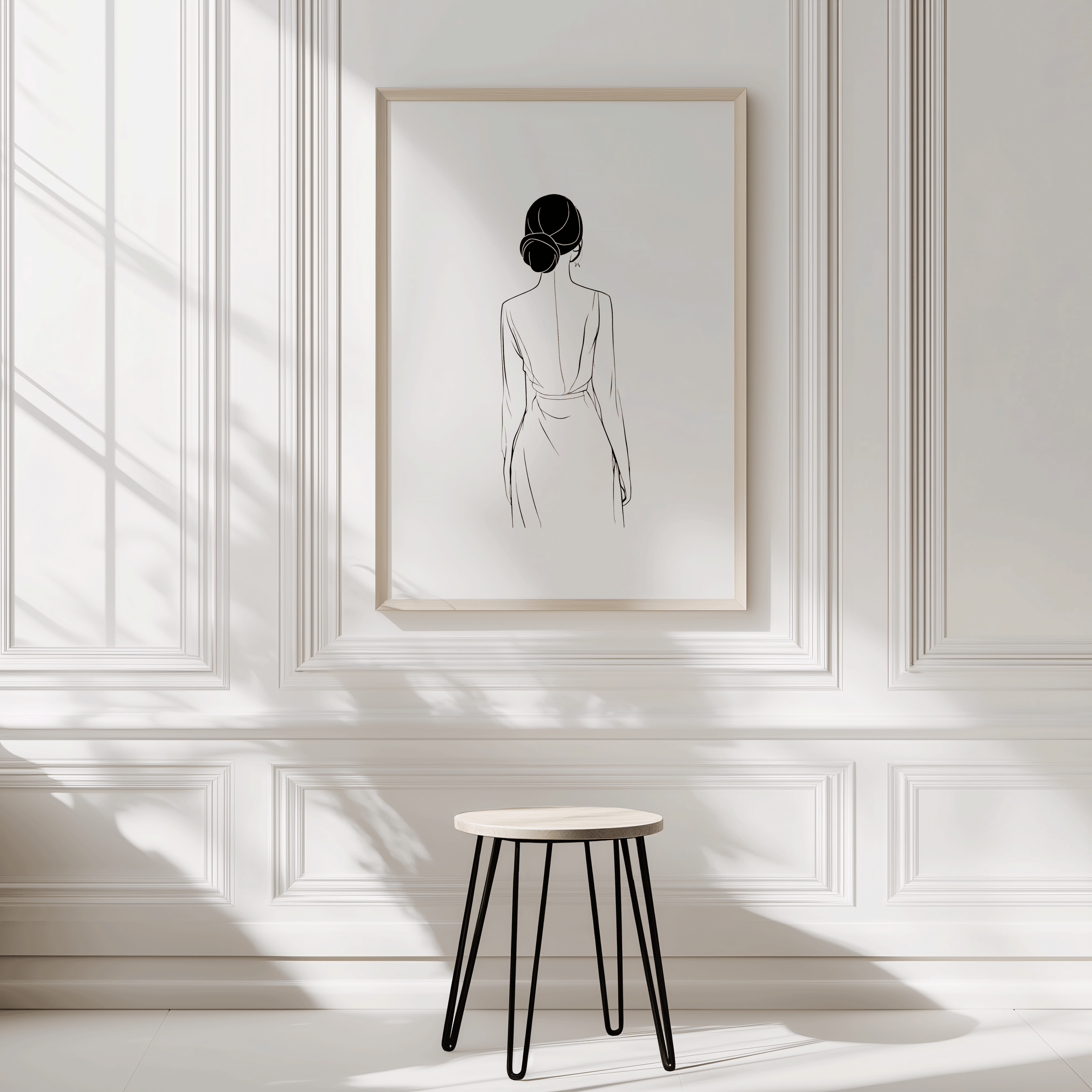 Black and White Minimalist Wall Art | Canvas Art, Art Prints & Framed Canvas, line art sketch of a feminine woman with a low bun, modern minimal canvas wall art print for living room or bedroom