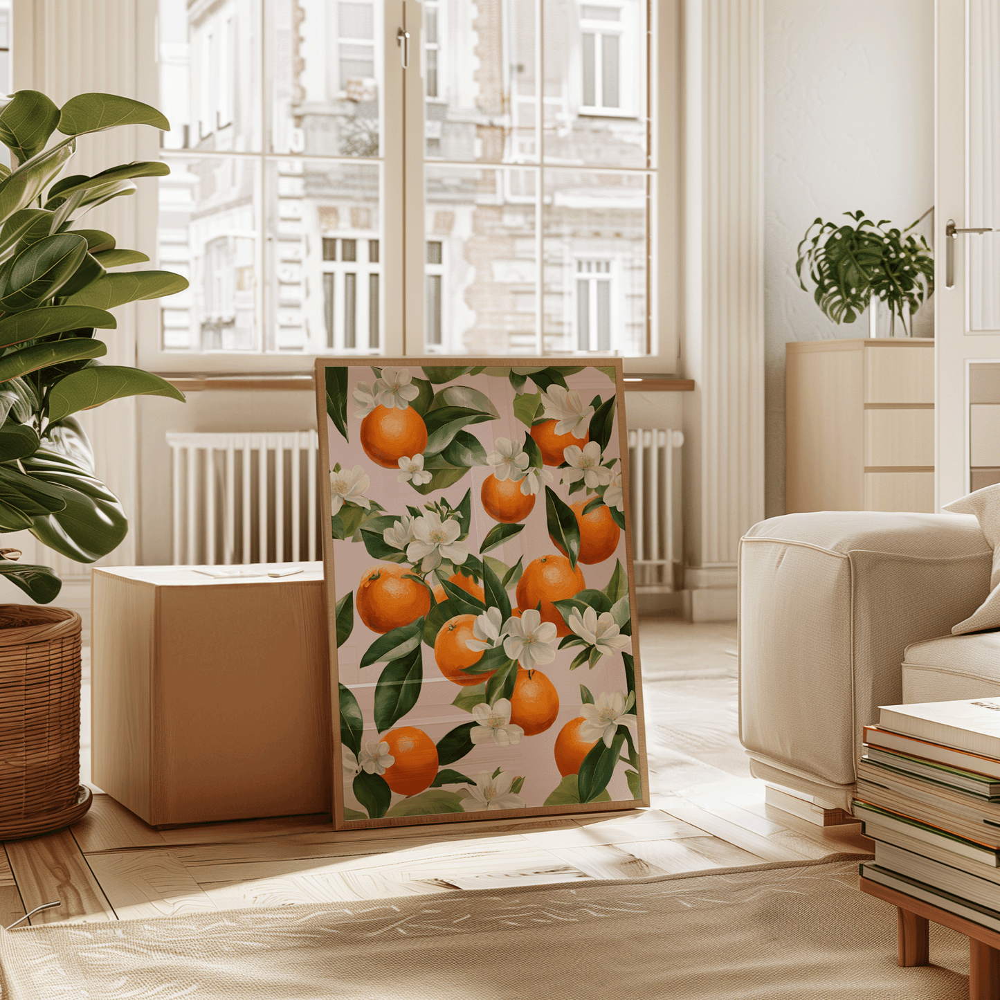 Oranges Wall Art Print | Canvas Art, Art Prints & Framed Canvas, watercolor orange fruit market mediterranean greece italy citrus canvas wall art poster print, oranges white flowers botanical green leaves collage with blush pink background, kitchen dining room restaurant dorm bar cart wall art