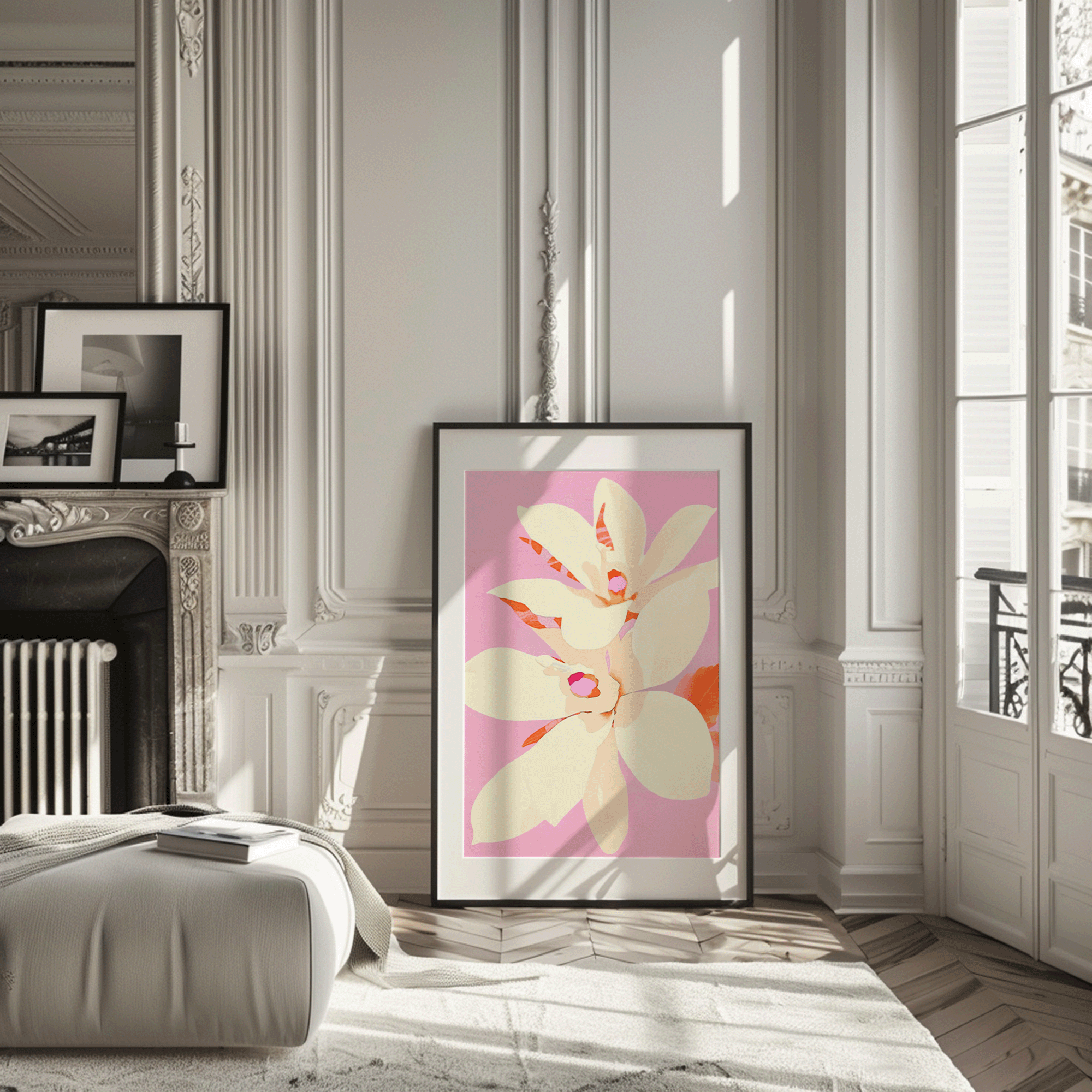 Pink and Orange Botanical Artwork | Canvas Art, Art Prints & Framed Canvas, retro vintage illustration, watercolor floral flowers beige white pink orange living room bedroom modern minimal canvas wall decor poster print