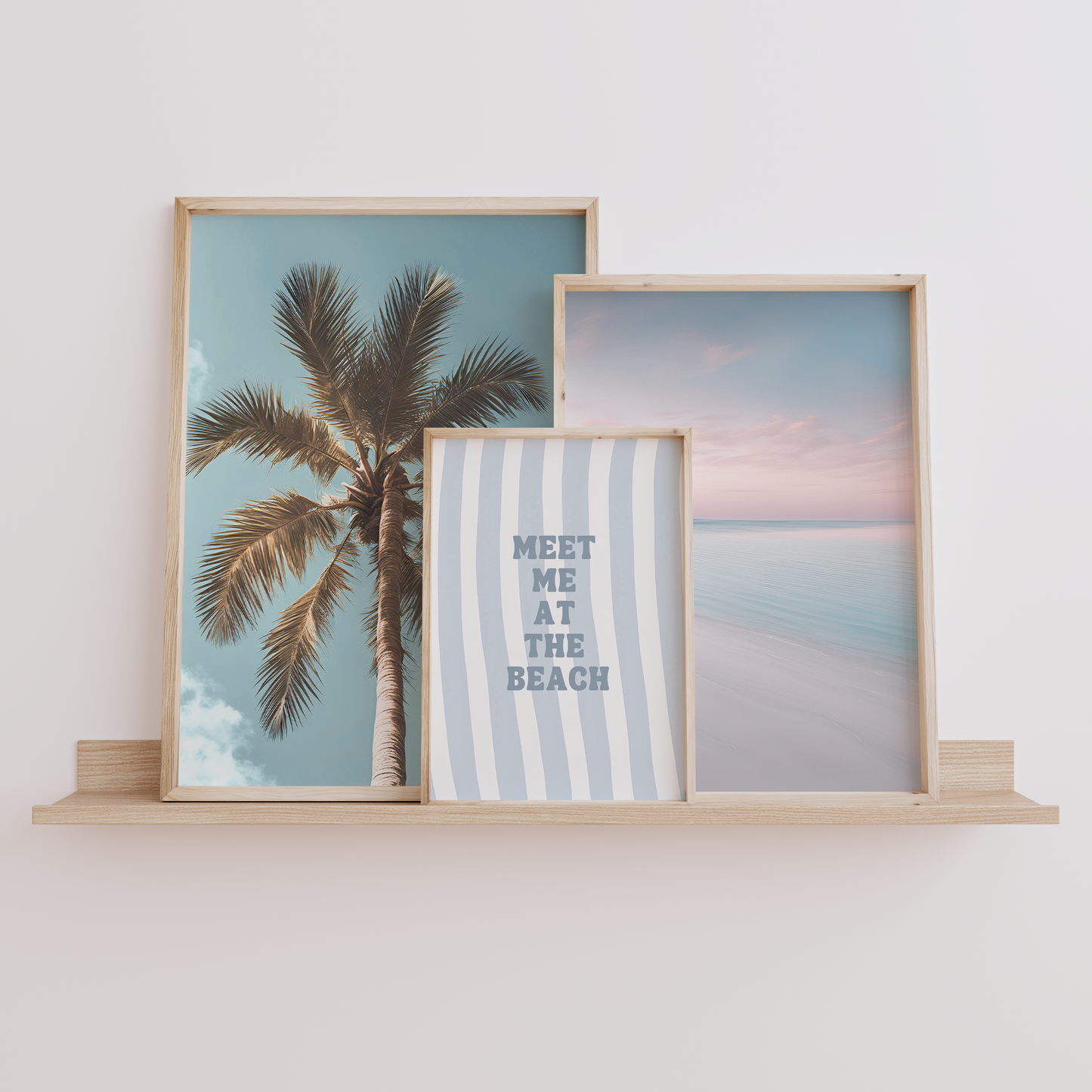 Meet Me at the Beach Wall Art | Canvas Art, Art Prints & Framed Canvas, blue white striped summer nautical beach typography canvas wall art, cottage beach house vacation home wall art prints, fun trendy minimal print