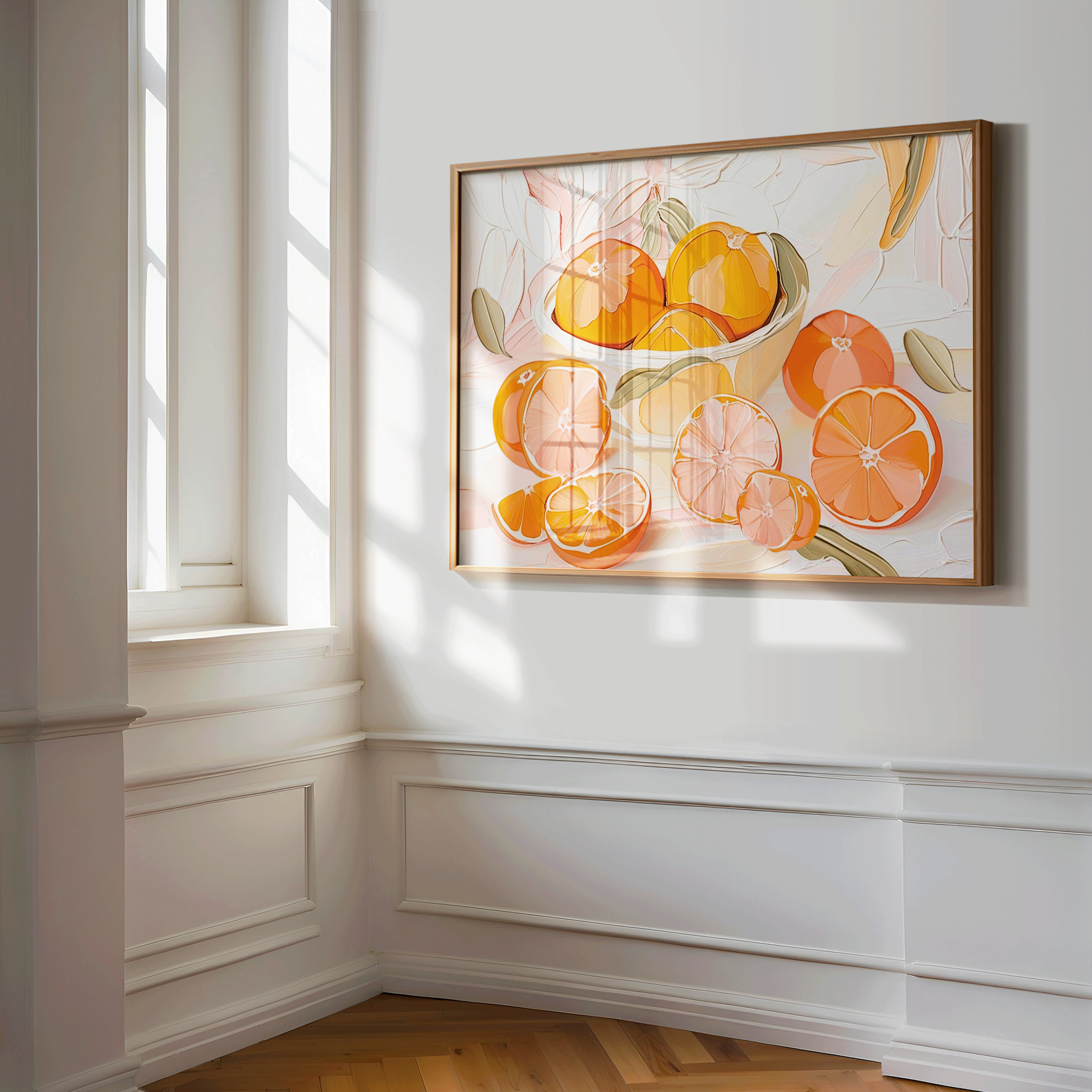 Citrus Fruit Wall Art | Canvas Art, Art Prints & Framed Canvas, orange, bloody orange, lemon, pink, peach, white, green oil painting canvas wall art, kitchen, bar cart, dining room, still life, restaurant, meditteranean fruit wall art