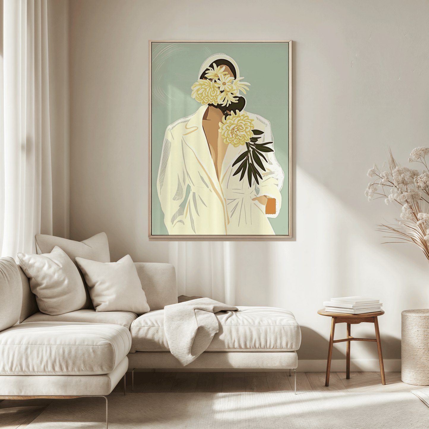 Painting Woman on Canvas | Canvas Art, Art Prints & Framed Canvas, vintage retro trendy women girl green yellow flower botanical floral green leaves. blazer showing some skin and a mint green background, canvas wall art for feminine bedroom, bathroom living room