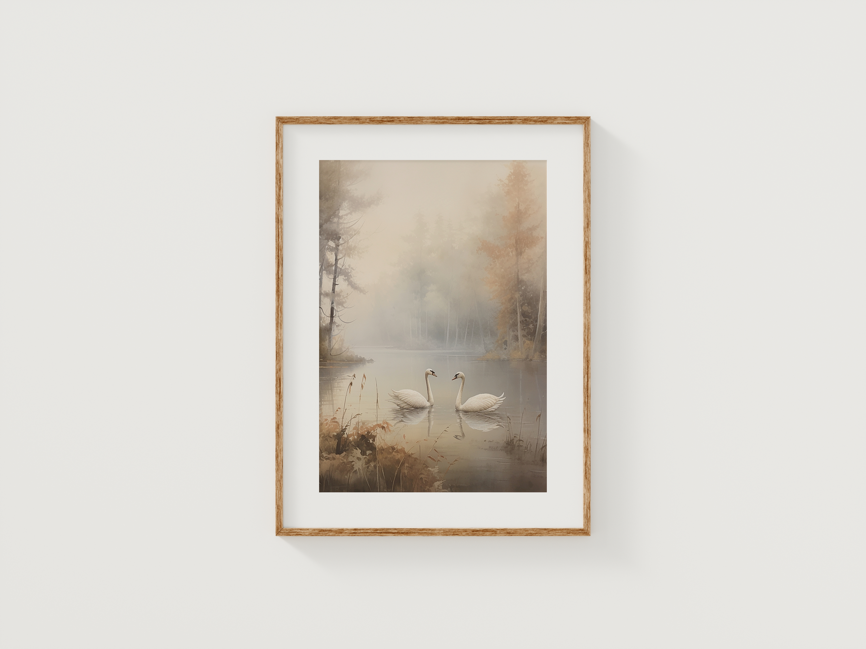 Vintage Lake Landscape Wall Art | Canvas Art, Art Prints & Framed Canvas, cottage core country farmhouse, white swans, misty foggy trees wildflowers nature antique canvas wall art for living room, bedroom, hallway