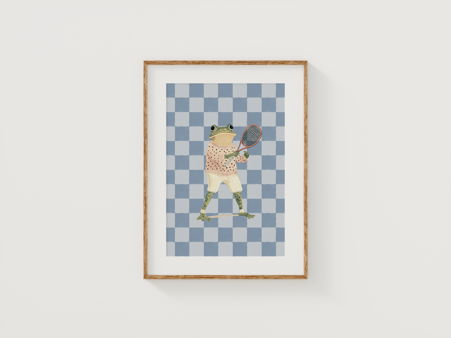 Frog nursery Wall Art | Canvas Art, Art Prints & Framed Canvas, vintage retro boho blue checkered background preppy frog holding tennis racquet, zoo animal jungle nursery kids room playroom canvas wall art, set of 2, set of 3 nursery prints