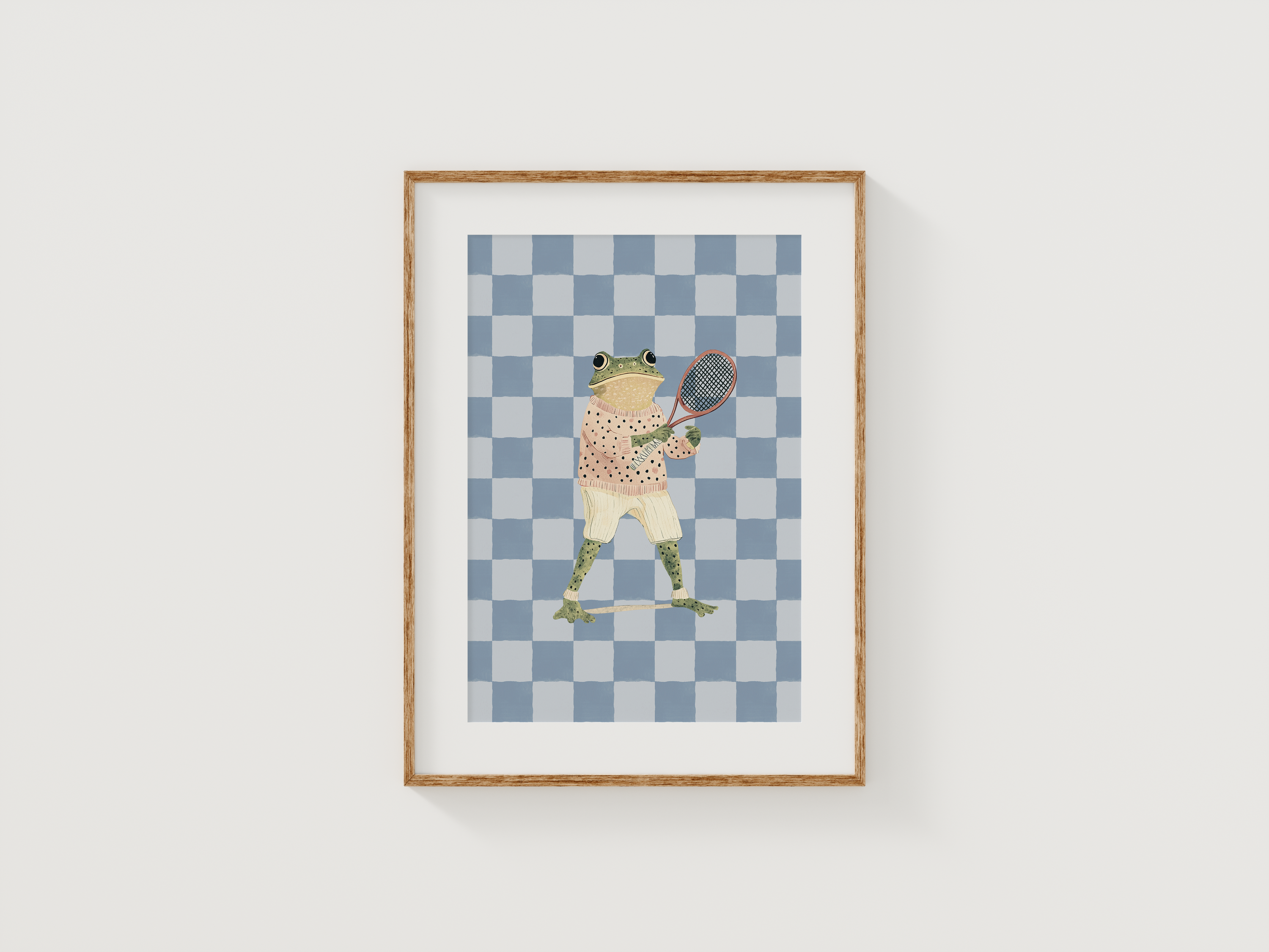 Frog nursery Wall Art | Canvas Art, Art Prints & Framed Canvas, vintage retro boho blue checkered background preppy frog holding tennis racquet, zoo animal jungle nursery kids room playroom canvas wall art, set of 2, set of 3 nursery prints