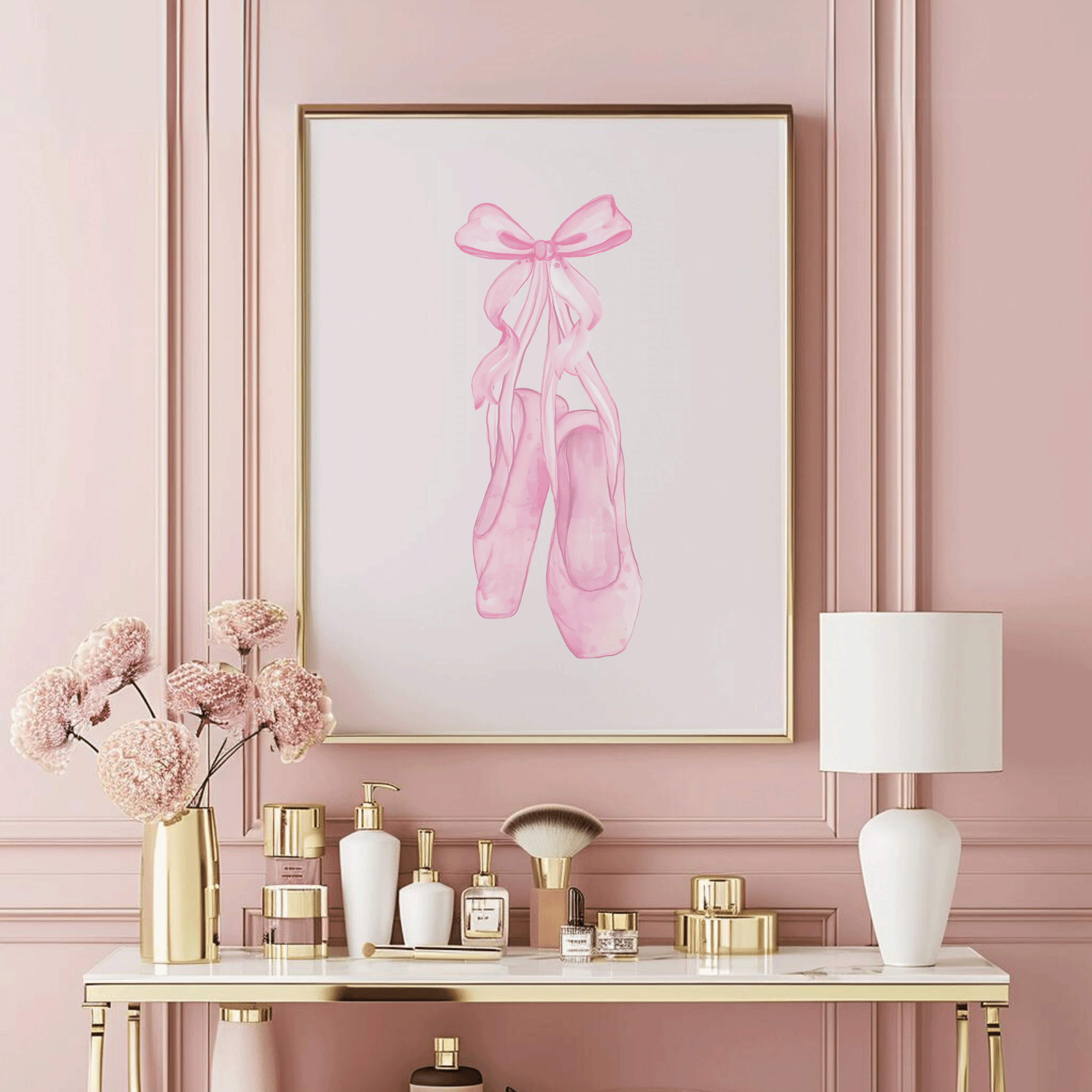 Ballet Slippers Nursery Wall Art | Canvas Art, Art Prints & Framed Canvas, pastel pink watercolor coquette bow ribbon ballerina shoes feminine canvas wall art, trendy chic vintage boho minimal, play room kids bedroom, girly closet bedroom 