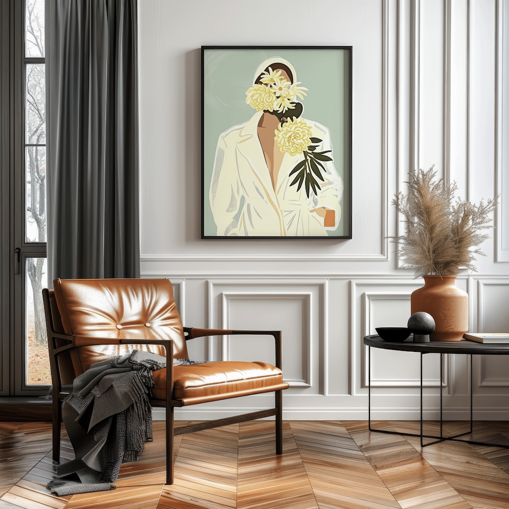 Painting Woman on Canvas | Canvas Art, Art Prints & Framed Canvas, vintage retro trendy women girl green yellow flower botanical floral green leaves. blazer showing some skin and a mint green background, canvas wall art for feminine bedroom, bathroom living room