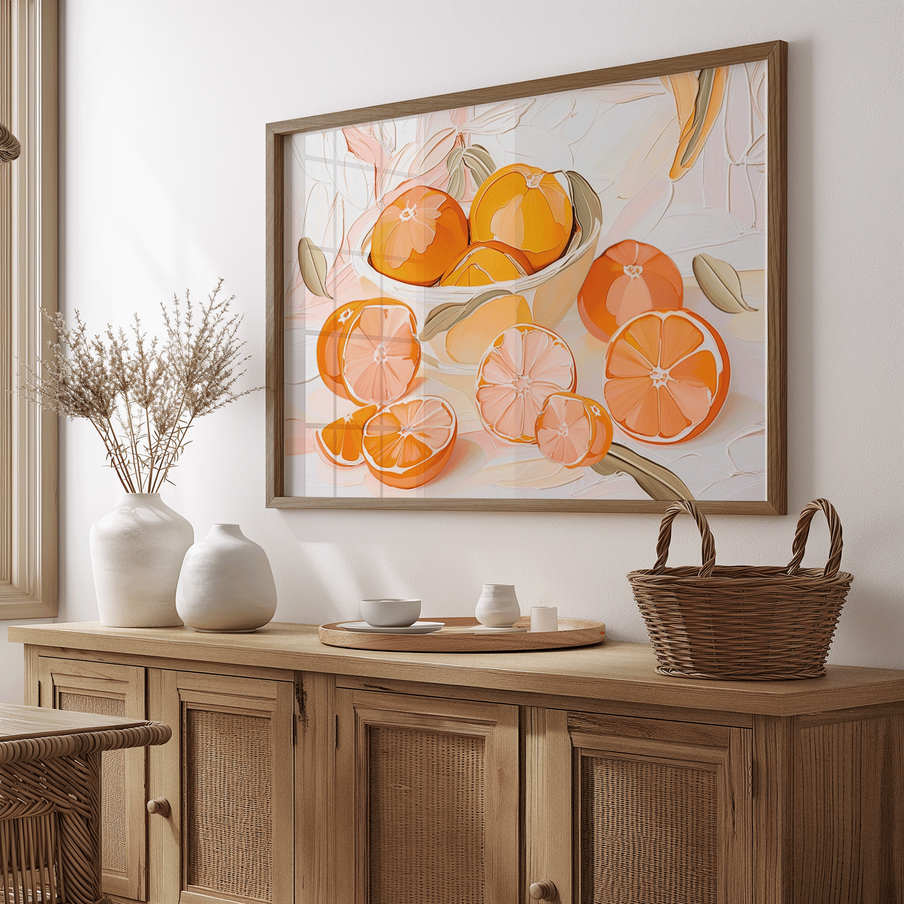 Citrus Fruit Wall Art | Canvas Art, Art Prints & Framed Canvas, orange, bloody orange, lemon, pink, peach, white, green oil painting canvas wall art, kitchen, bar cart, dining room, still life, restaurant, meditteranean fruit wall art