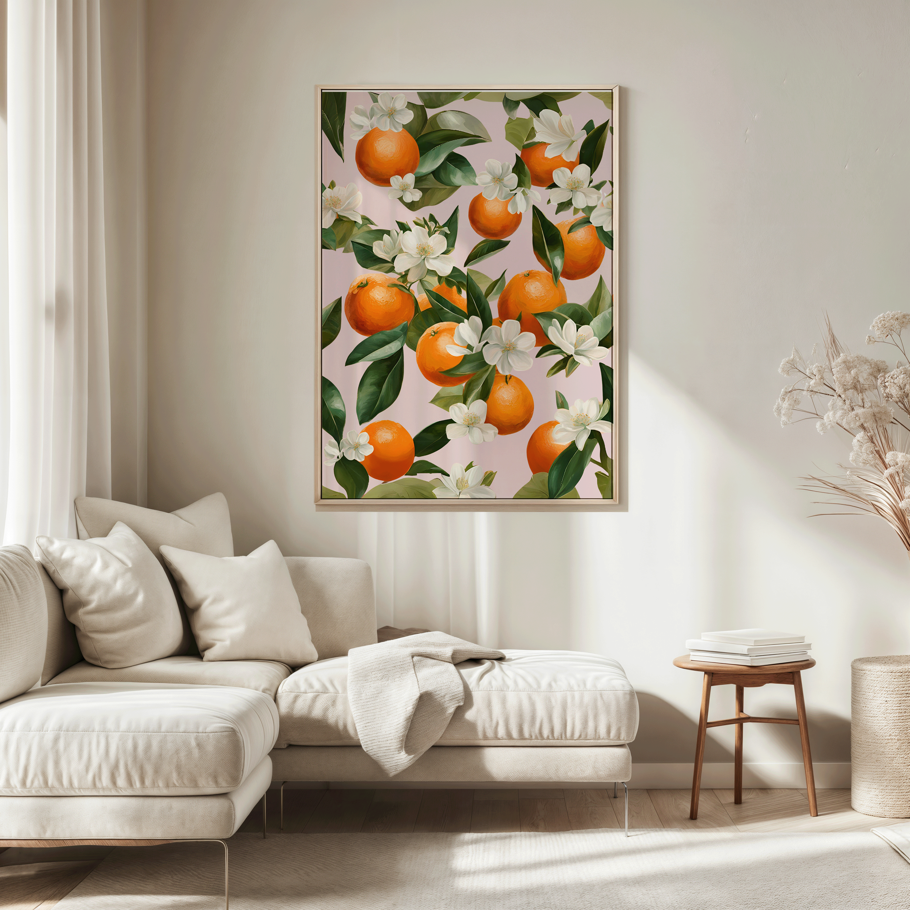 Oranges Wall Art Print | Canvas Art, Art Prints & Framed Canvas, watercolor orange fruit market mediterranean greece italy citrus canvas wall art poster print, oranges white flowers botanical green leaves collage with blush pink background, kitchen dining room restaurant dorm bar cart wall art